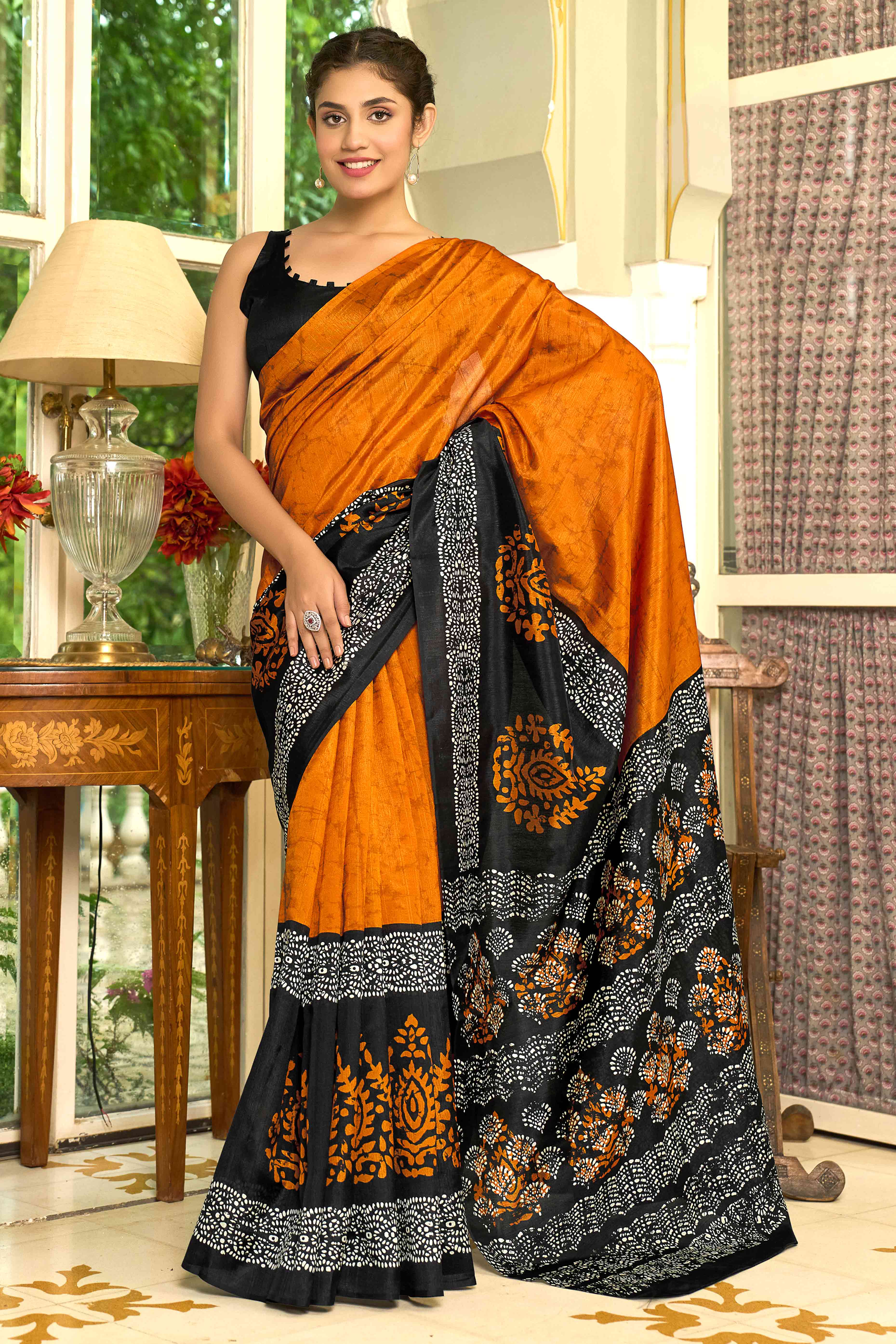 Orange & Black Printed Bhagalpuri Silk Saree