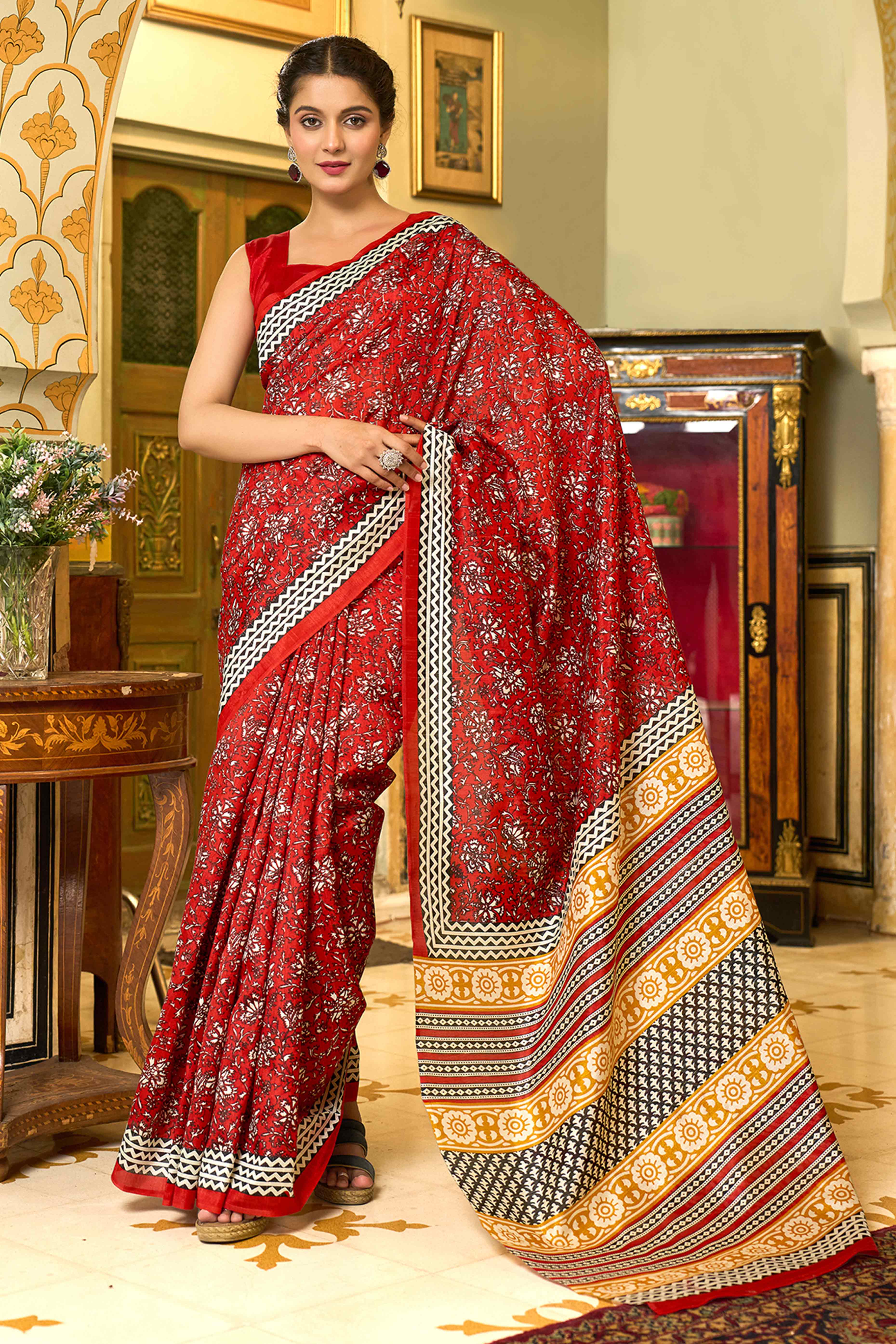Red Floral Printed Bhagalpuri Silk Saree