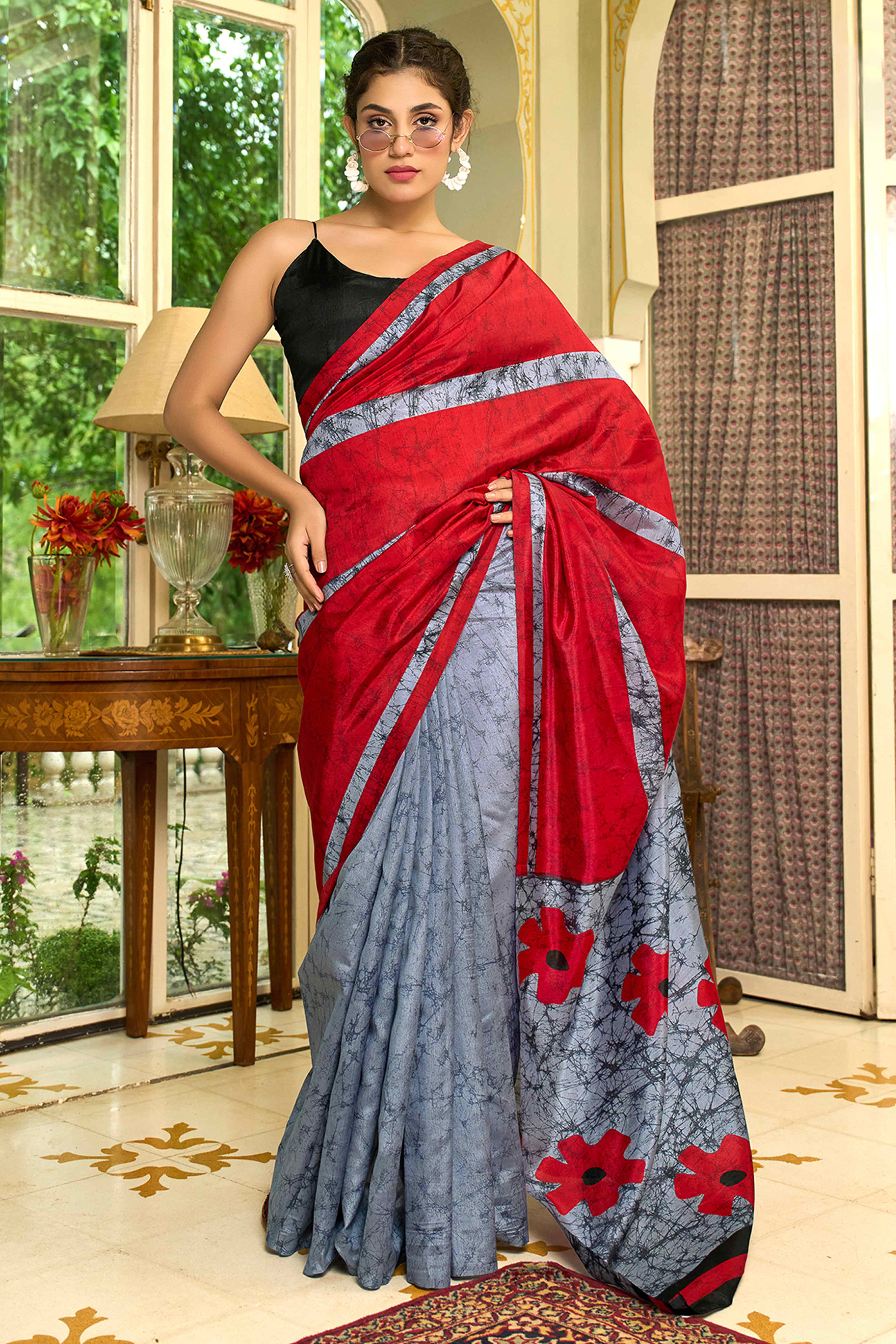 Red & Grey Floral Printed Bhagalpuri Silk Saree