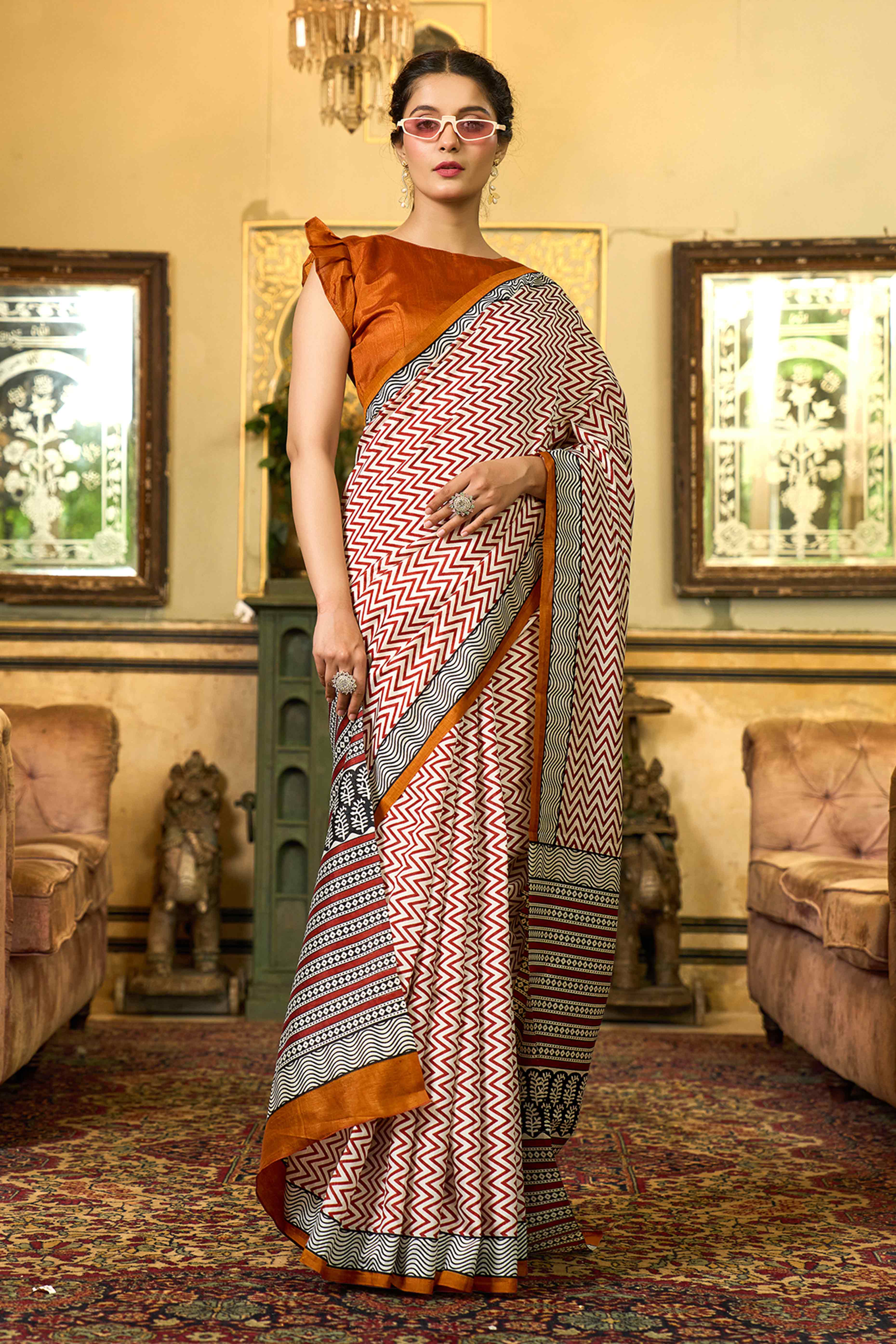 Maroon & White Zag-Zag Printed Bhagalpuri Silk Saree
