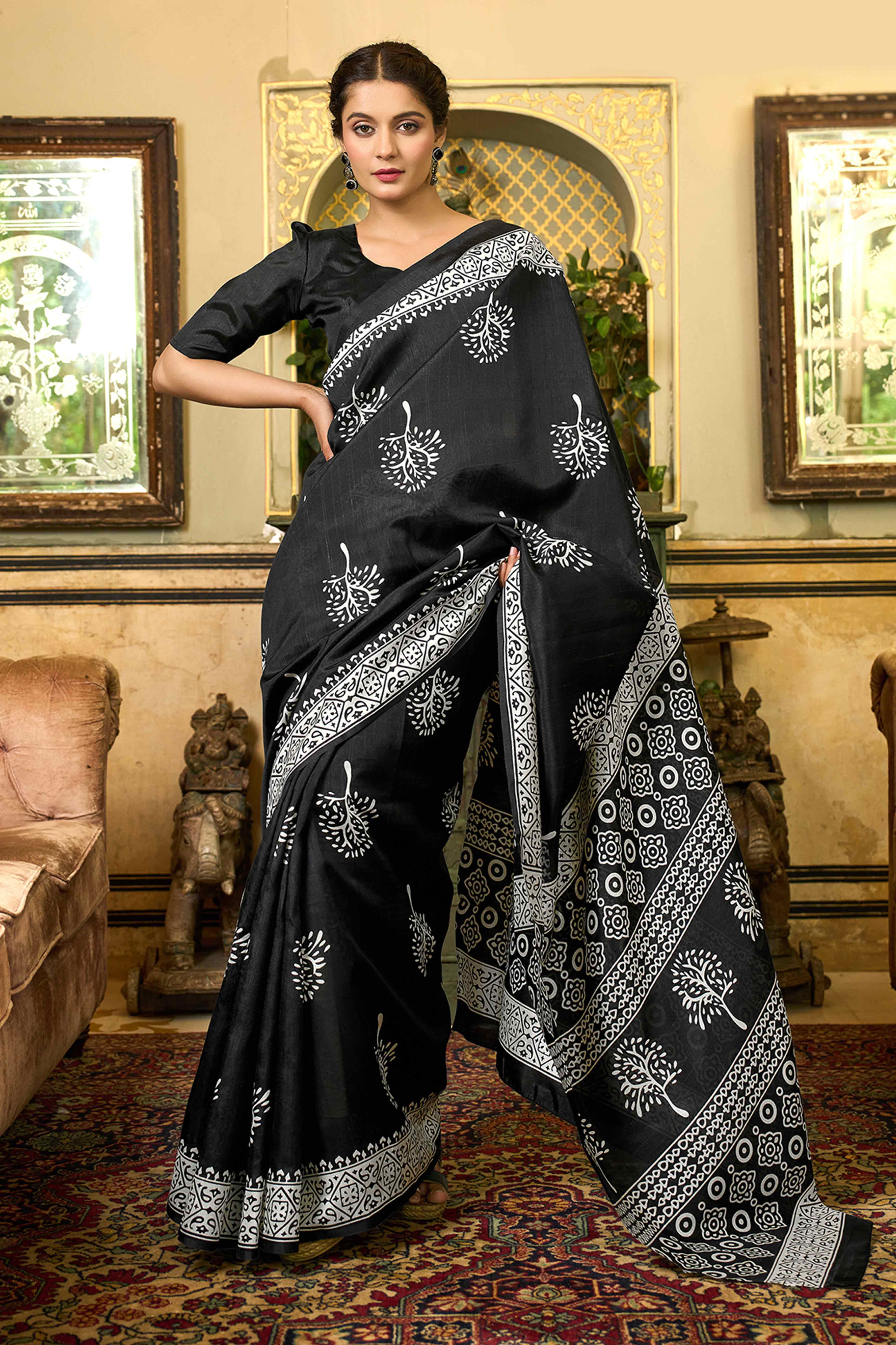 Black Floral Printed Bhagalpuri Silk Saree