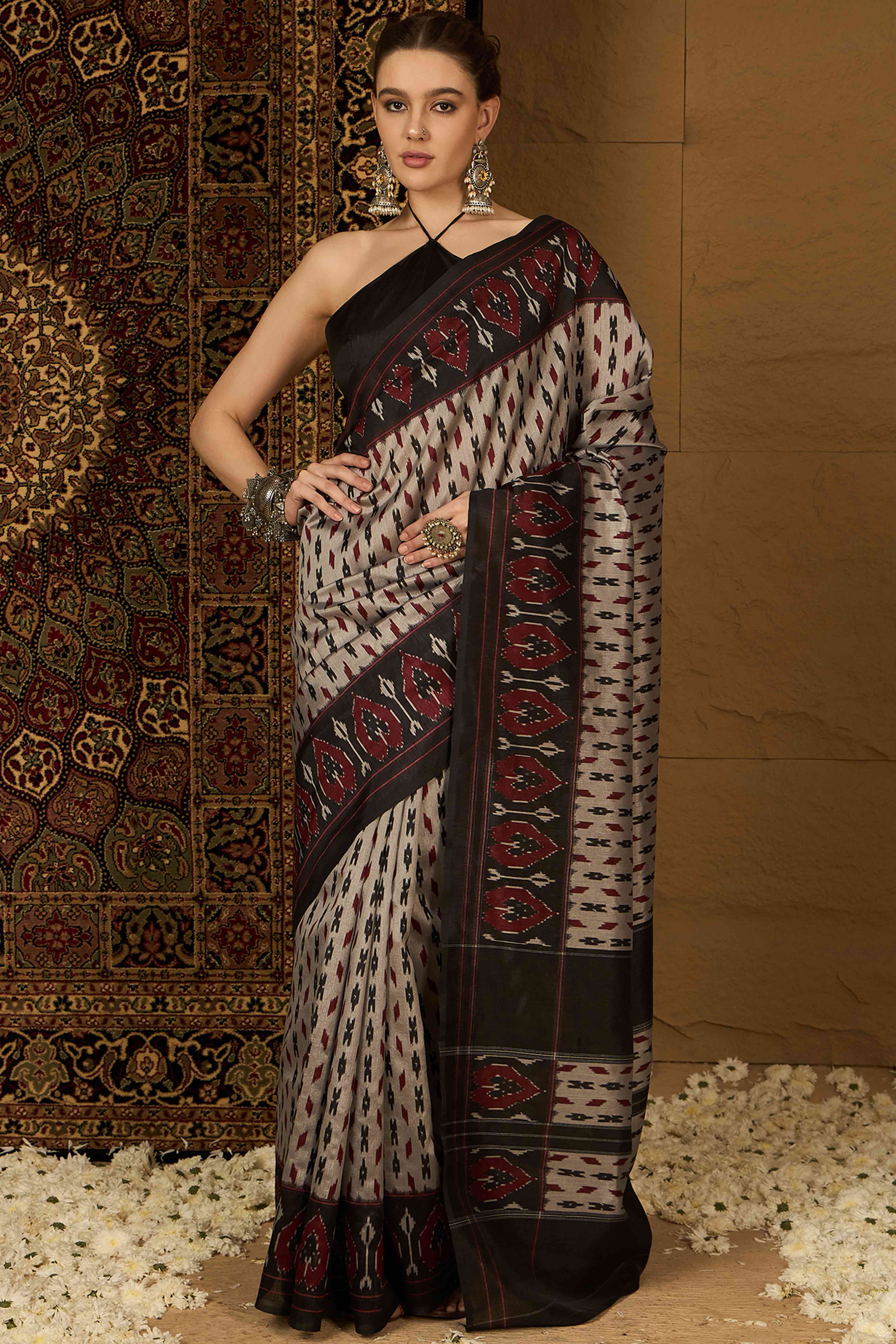 Grey Printed Bhagalpuri Silk Saree