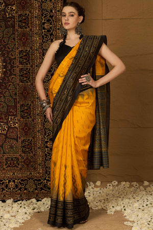 Yellow Printed Bhagalpuri Silk Saree