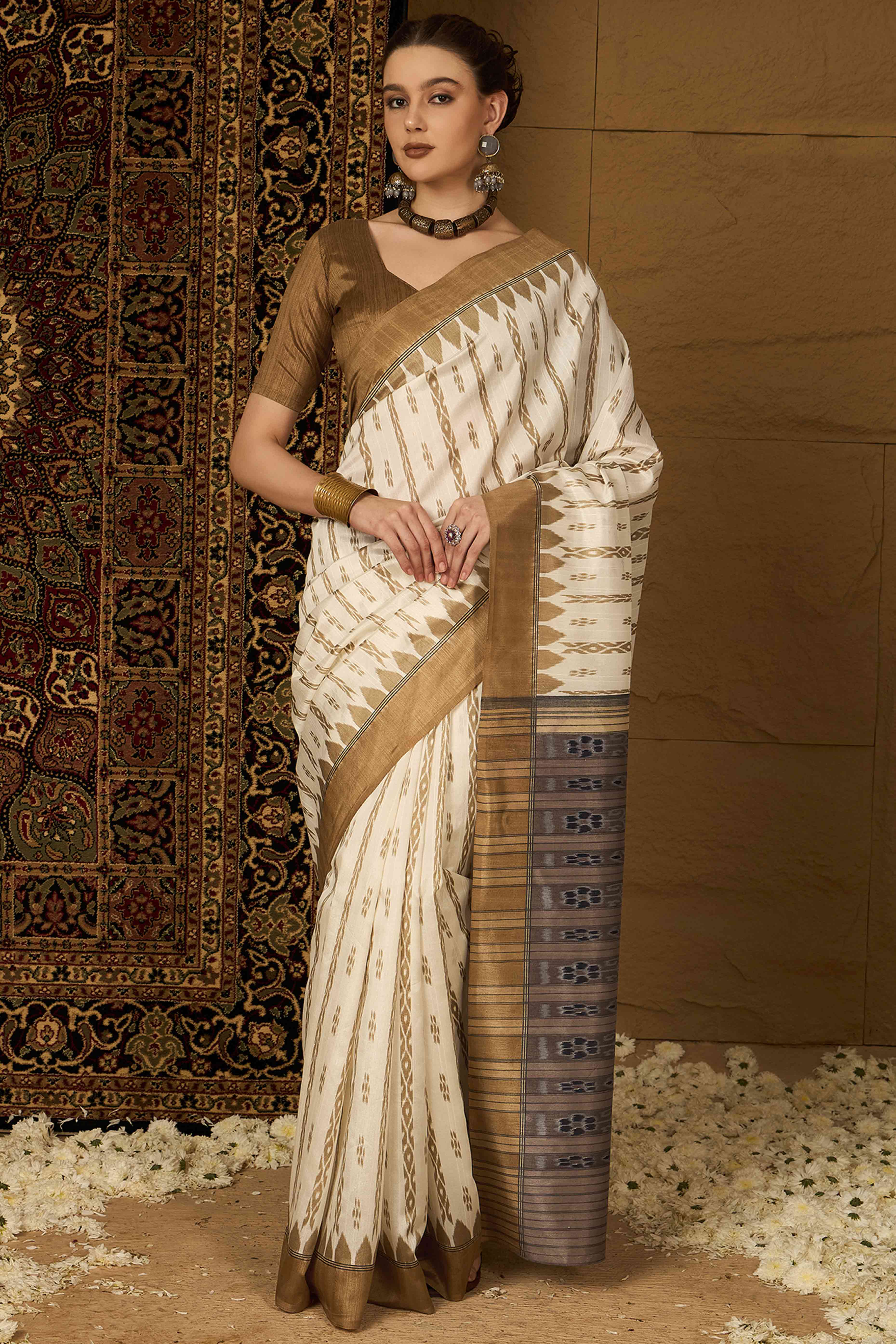 Offwhite Printed Bhagalpuri Silk Saree