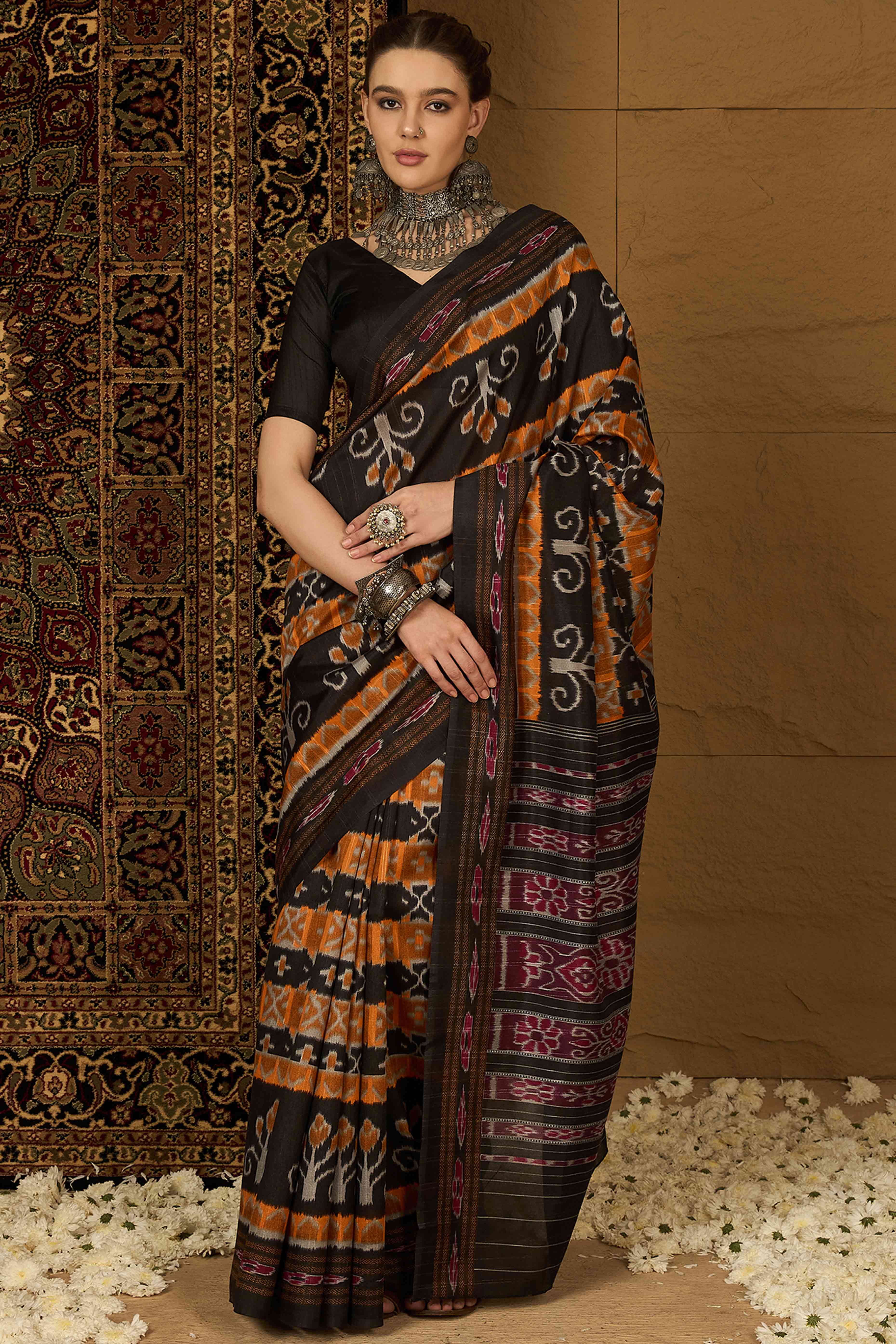 Black & Orange Floral Printed Bhagalpuri Silk Saree