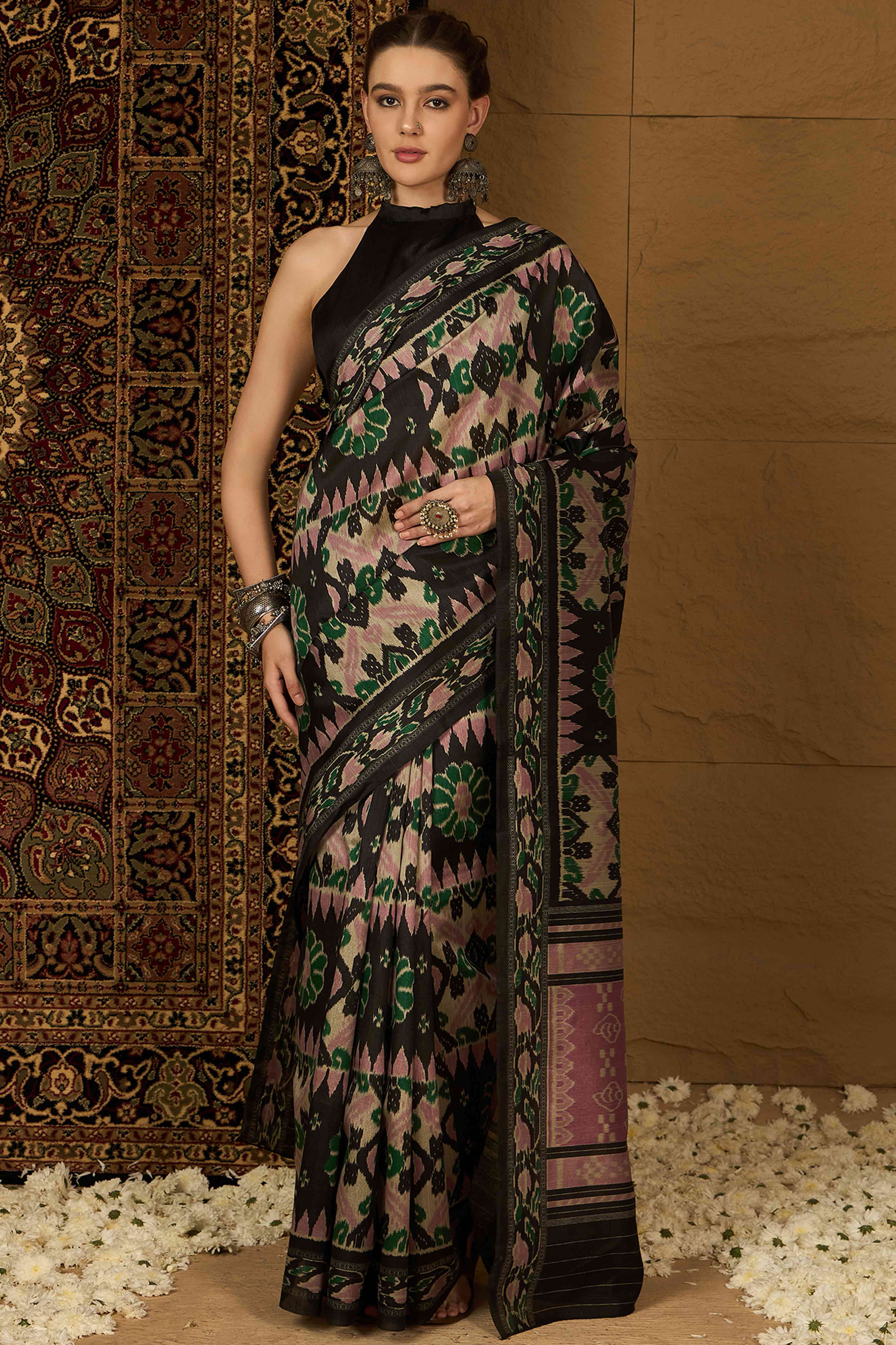 Black Floral Printed Bhagalpuri Silk Saree