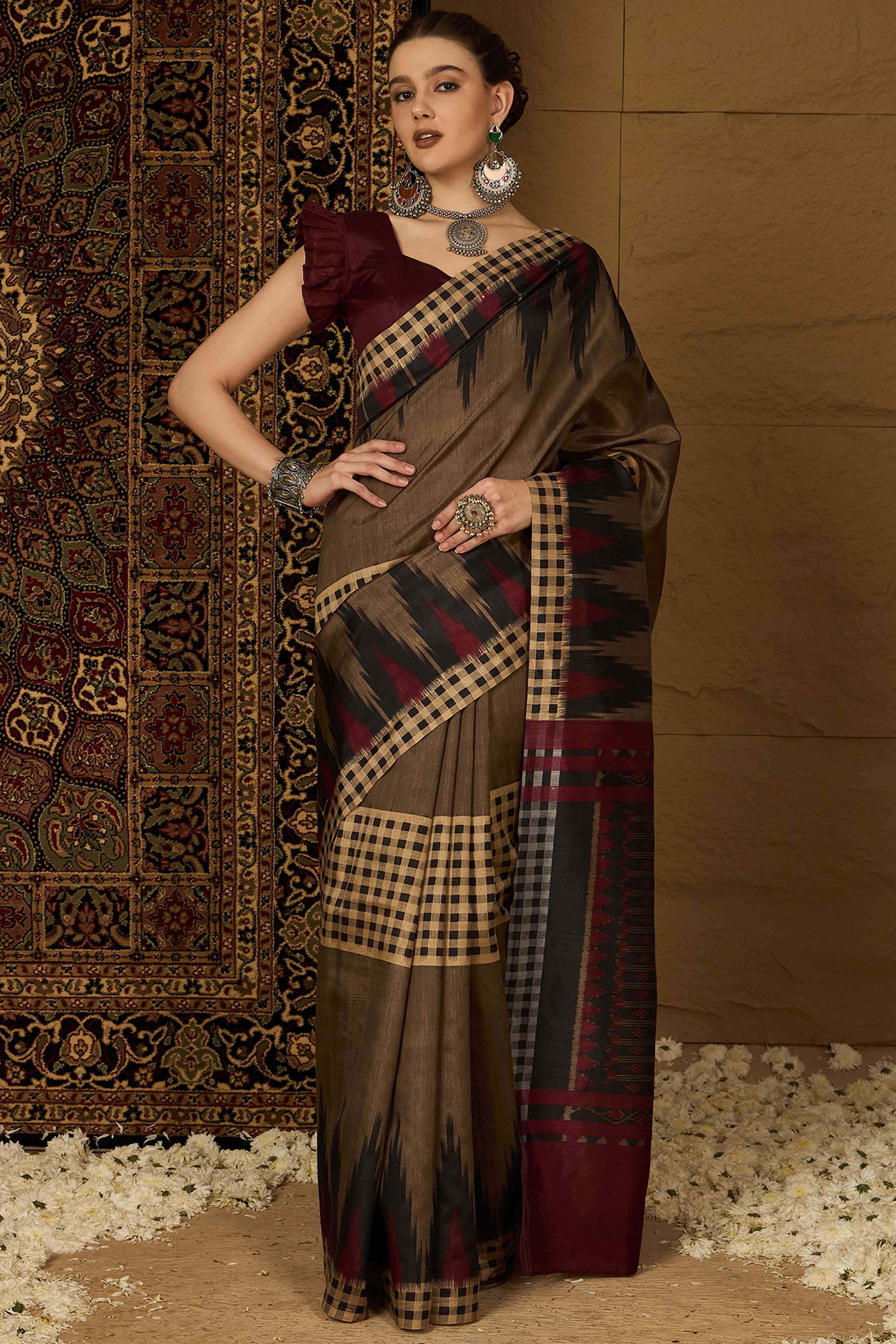 Brown Checks Printed Bhagalpuri Silk Saree