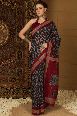 Black & Maroon Printed Bhagalpuri Silk Saree
