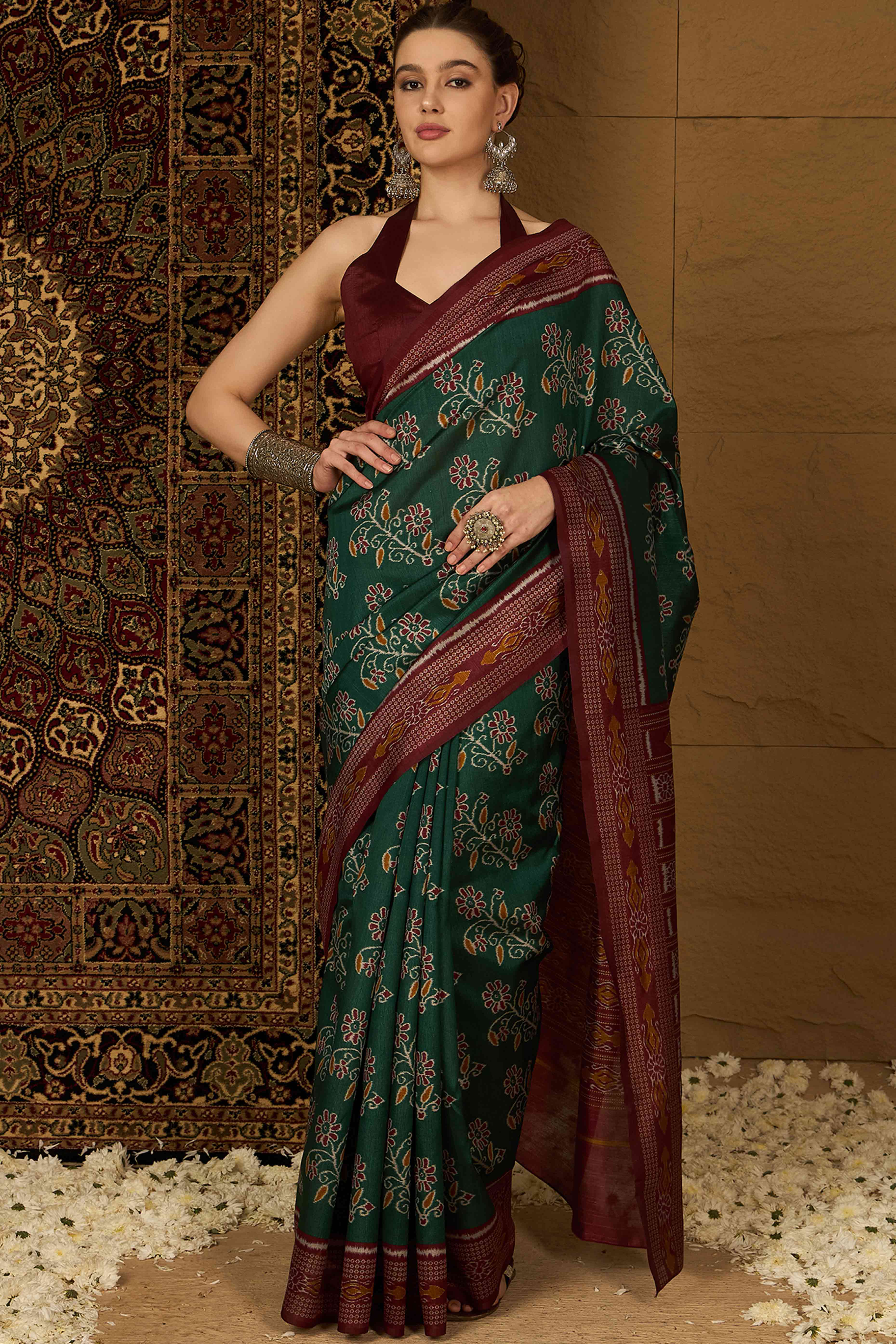 Green Floral Printed Bhagalpuri Silk Saree