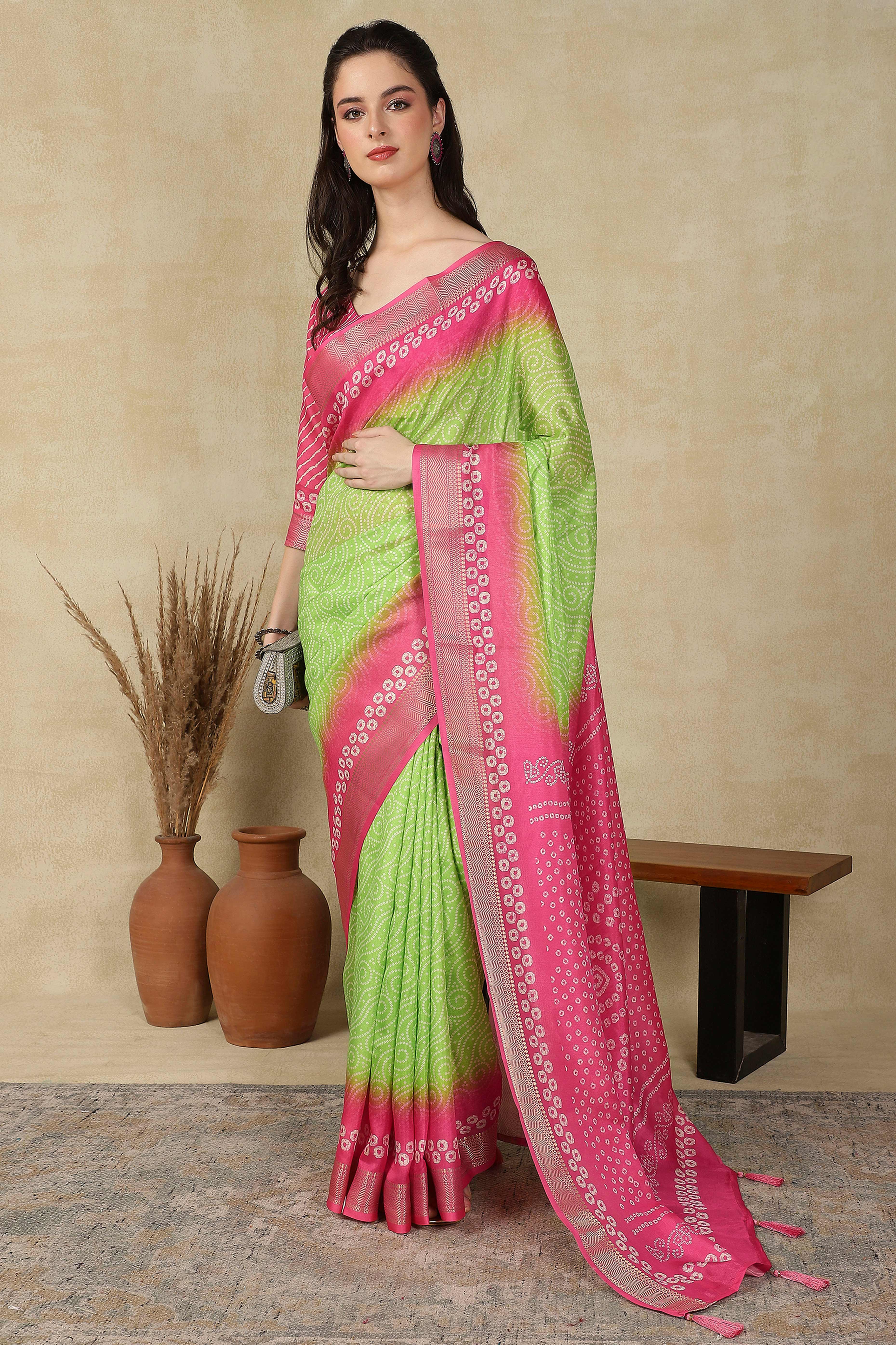 Luxury Green & Pink Bandhani Print Cotton Silk Saree Featuring Weaving Border & Tassel Pallu
