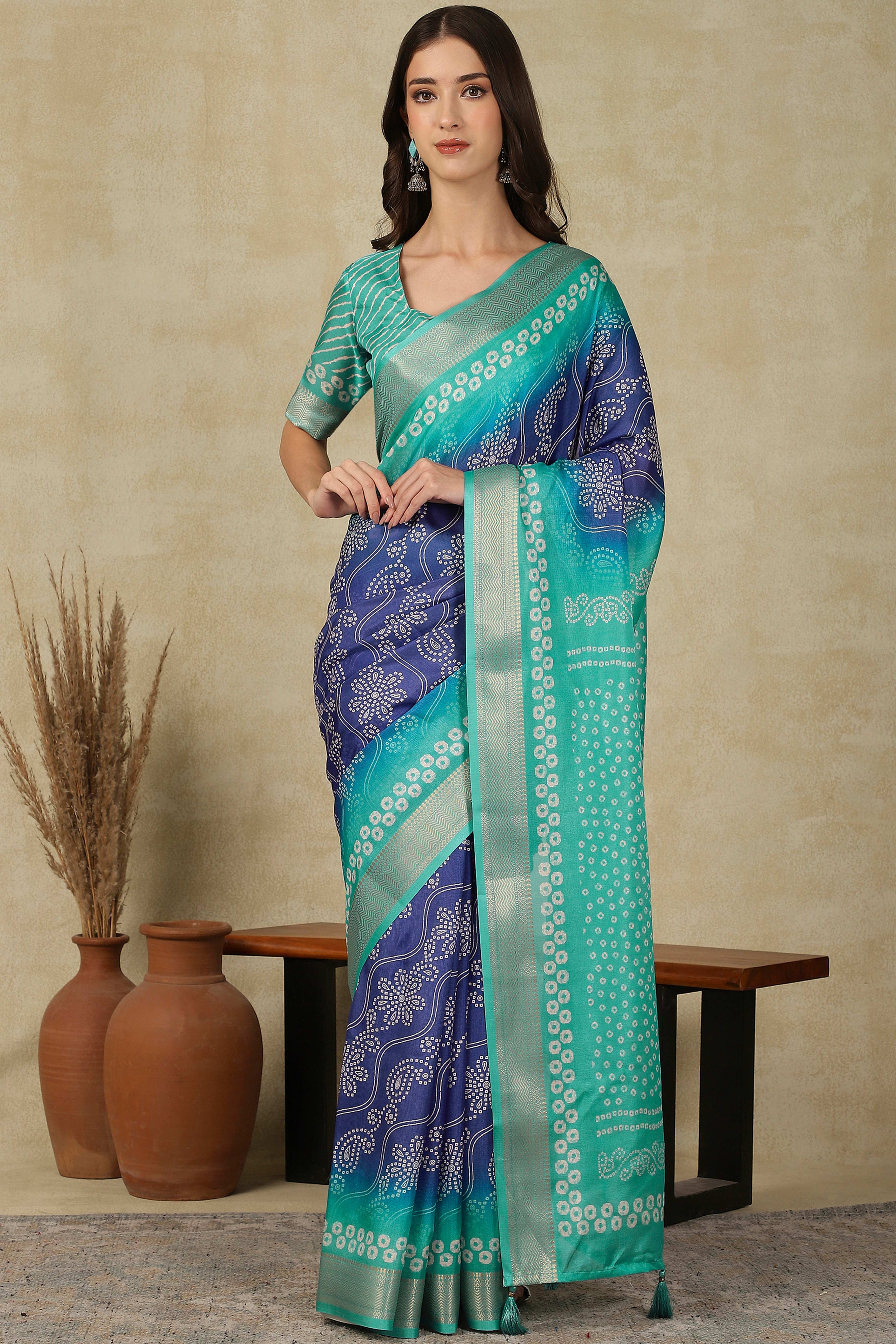 Luxury Blue & Turquoise Bandhani Print Cotton Silk Saree Featuring Weaving Border & Tassel Pallu
