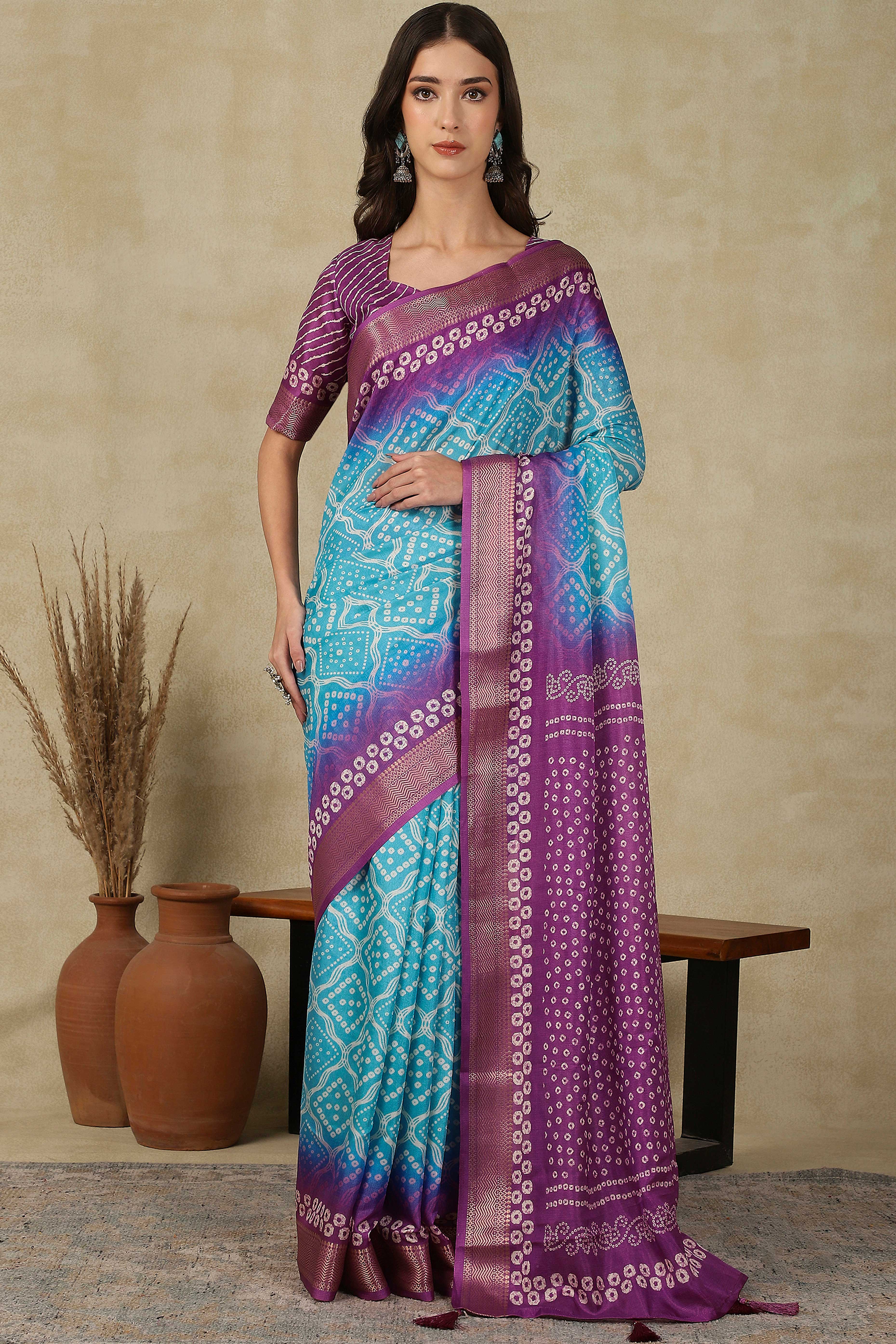 Luxury Blue & Purple Bandhani Print Cotton Silk Saree Featuring Weaving Border & Tassel Pallu