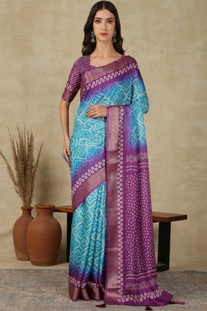 Luxury Blue & Purple Bandhani Print Cotton Silk Saree Featuring Weaving Border & Tassel Pallu