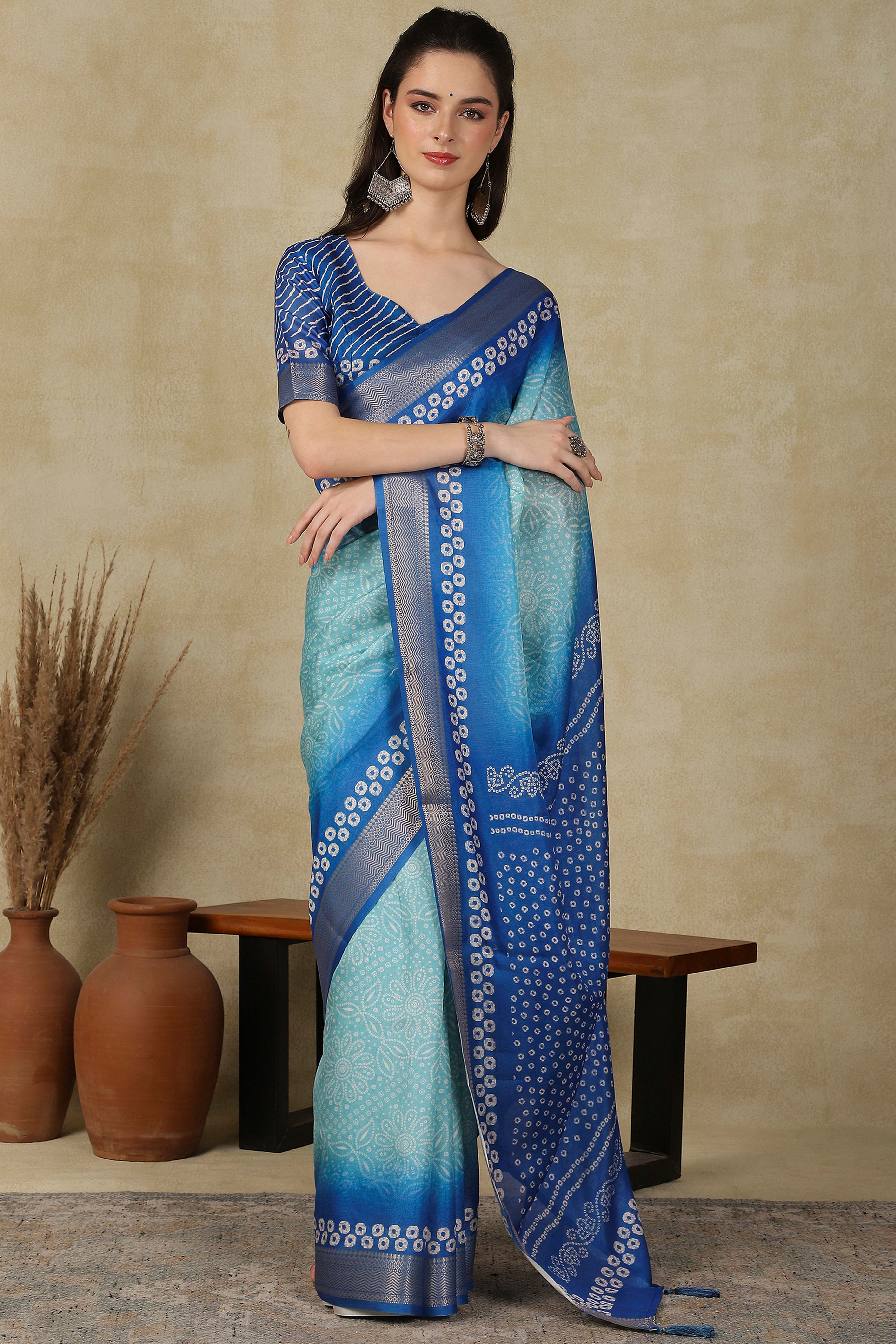 Luxury Blue Bandhani Print Cotton Silk Saree Featuring Weaving Border & Tassel Pallu