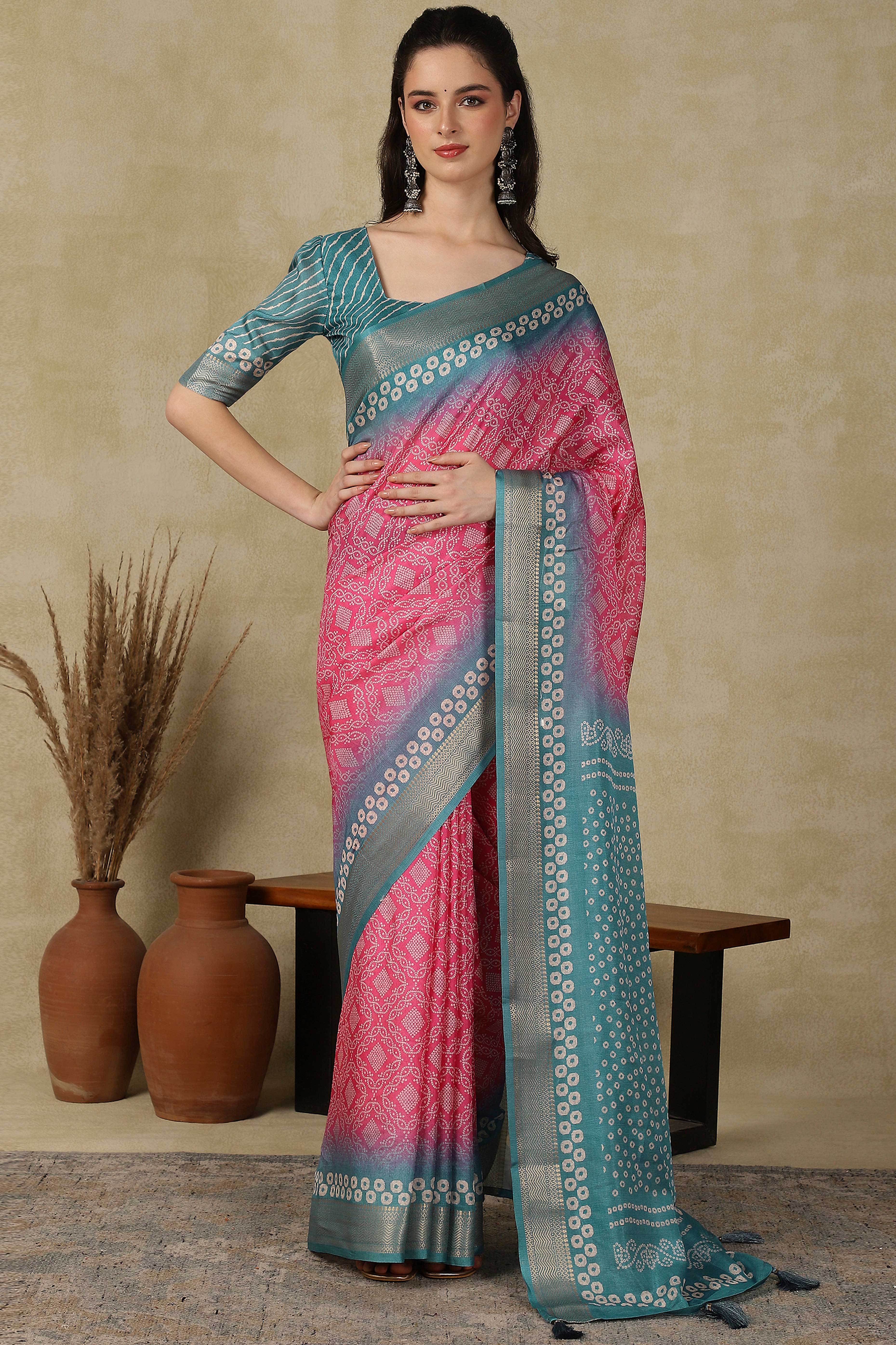 Luxury Pink & Teal Bandhani Print Cotton Silk Saree Featuring Weaving Border & Tassel Pallu
