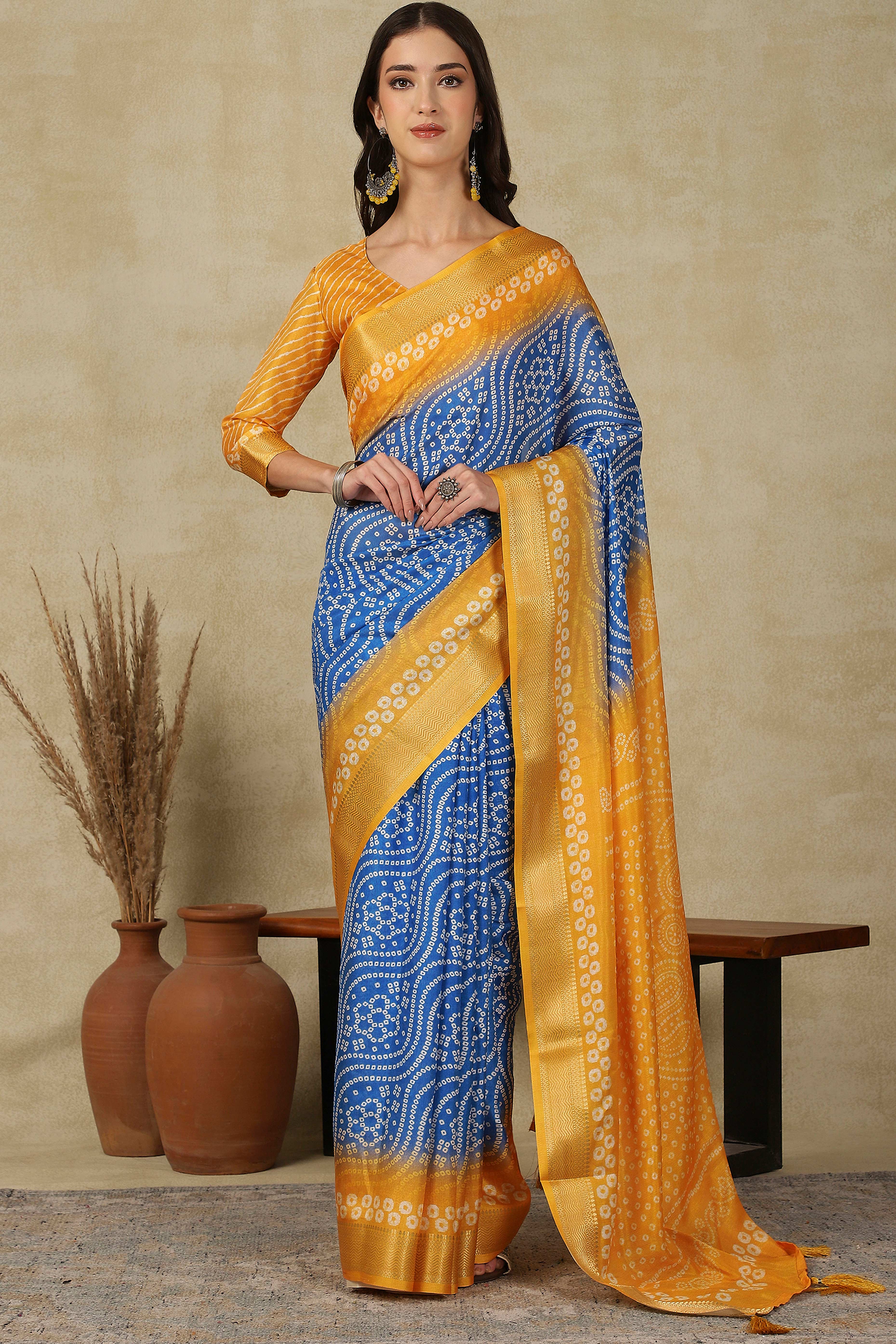 Luxury Blue & Mustard Bandhani Print Cotton Silk Saree Featuring Weaving Border & Tassel Pallu
