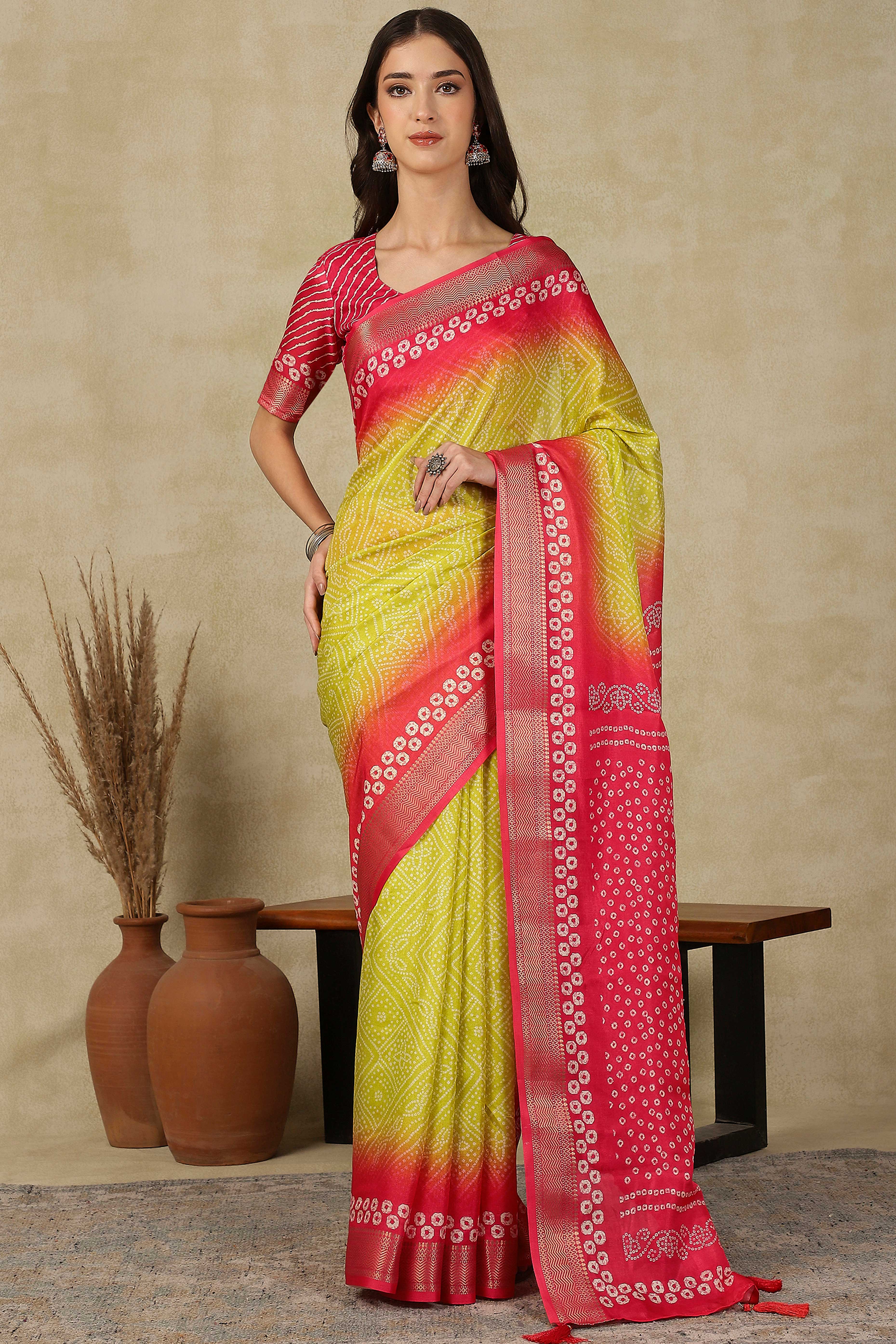 Luxury Lemon Yellow & Red Bandhani Print Cotton Silk Saree Featuring Weaving Border & Tassel Pallu