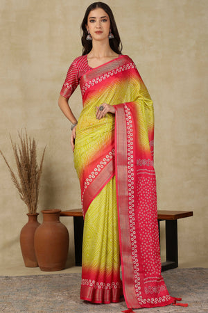 Luxury Lemon Yellow & Red Bandhani Print Cotton Silk Saree Featuring Weaving Border & Tassel Pallu