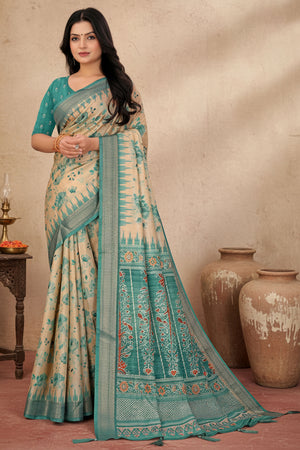 Chic Turquoise Floral Print Cotton Silk Saree Featuring Woven Border & Decorative Tassel Pallu