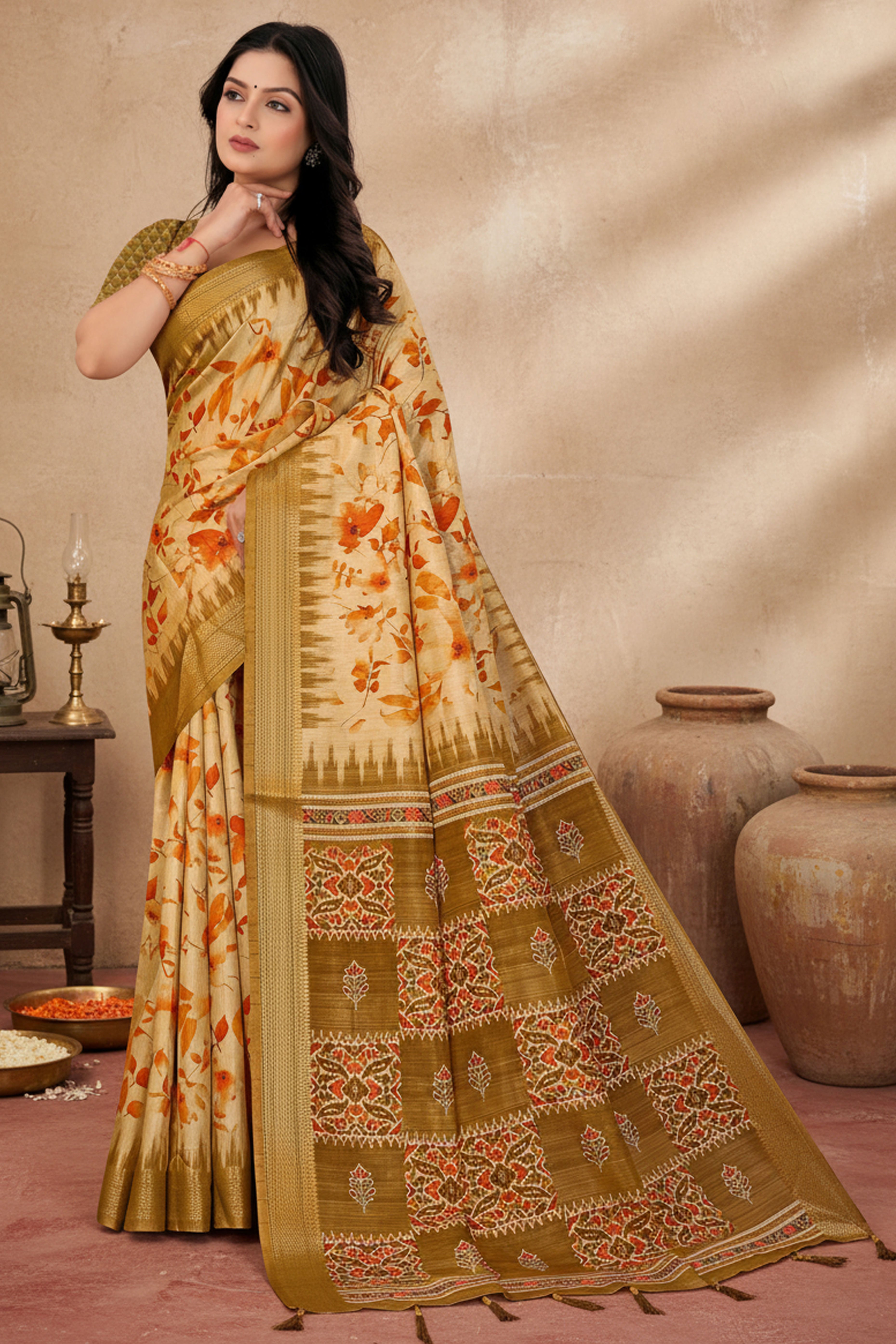 Chic Mehendi Green Floral Print Cotton Silk Saree Featuring Woven Border & Decorative Tassel Pallu