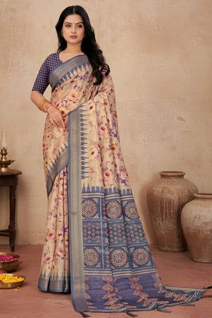 Chic Navy Blue Floral Print Cotton Silk Saree Featuring Woven Border & Decorative Tassel Pallu