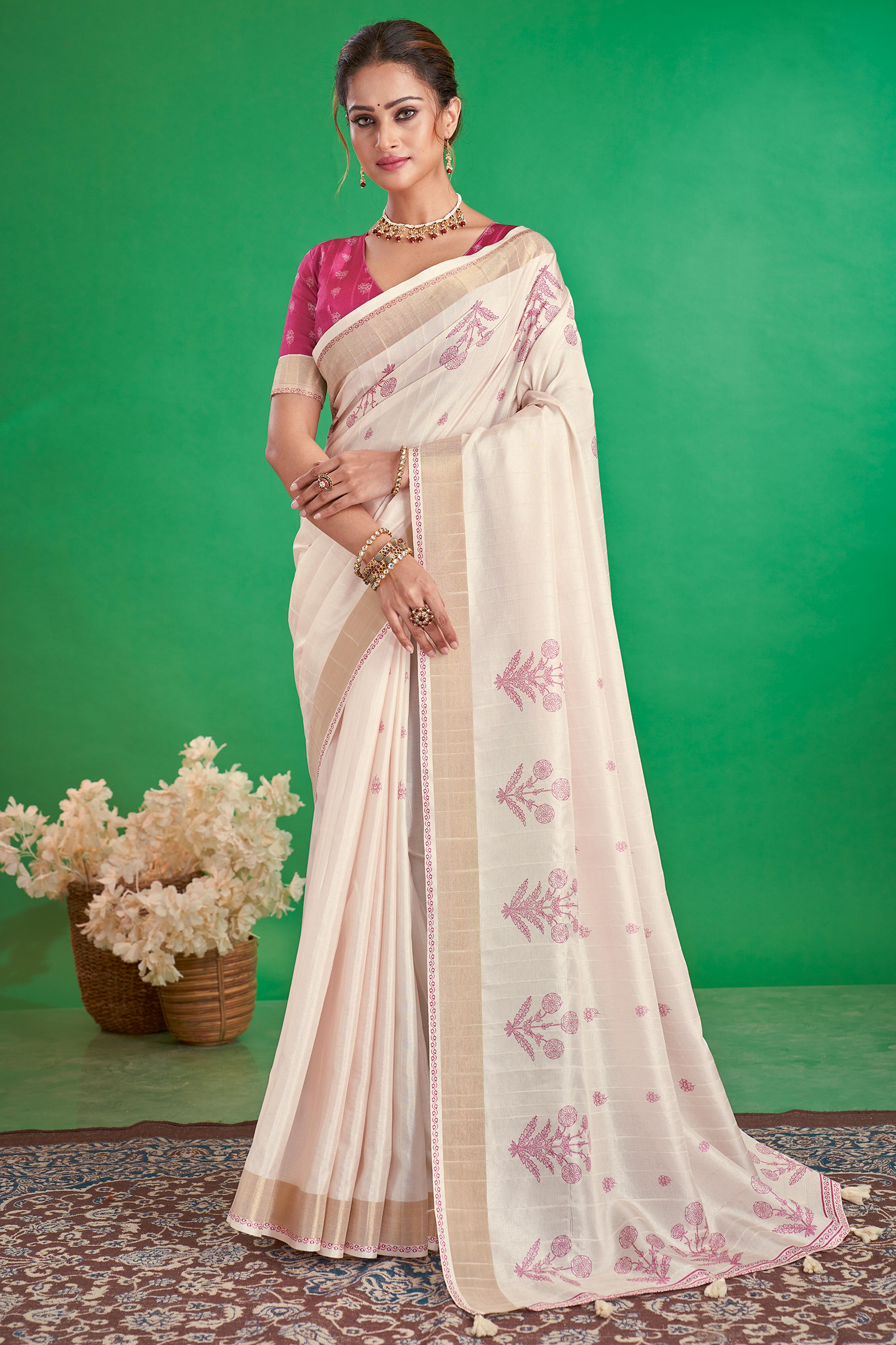 Charming Offwhite & Rani Floral Printed Kotha Cotton Silk Saree Adorned With Graceful Tassel Pallu