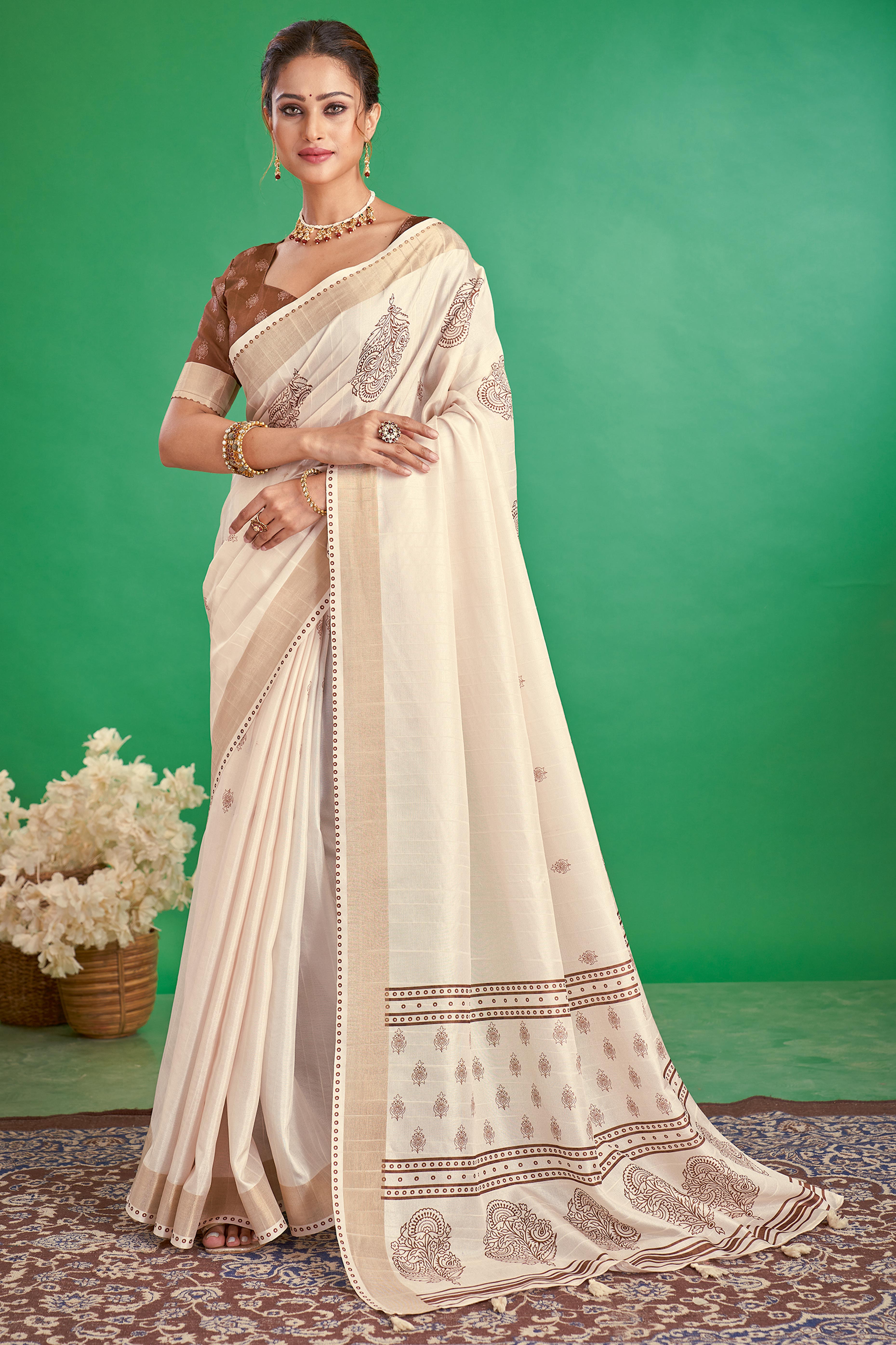 Charming Offwhite & Brown Floral Printed Kotha Cotton Silk Saree Adorned With Graceful Tassel Pallu