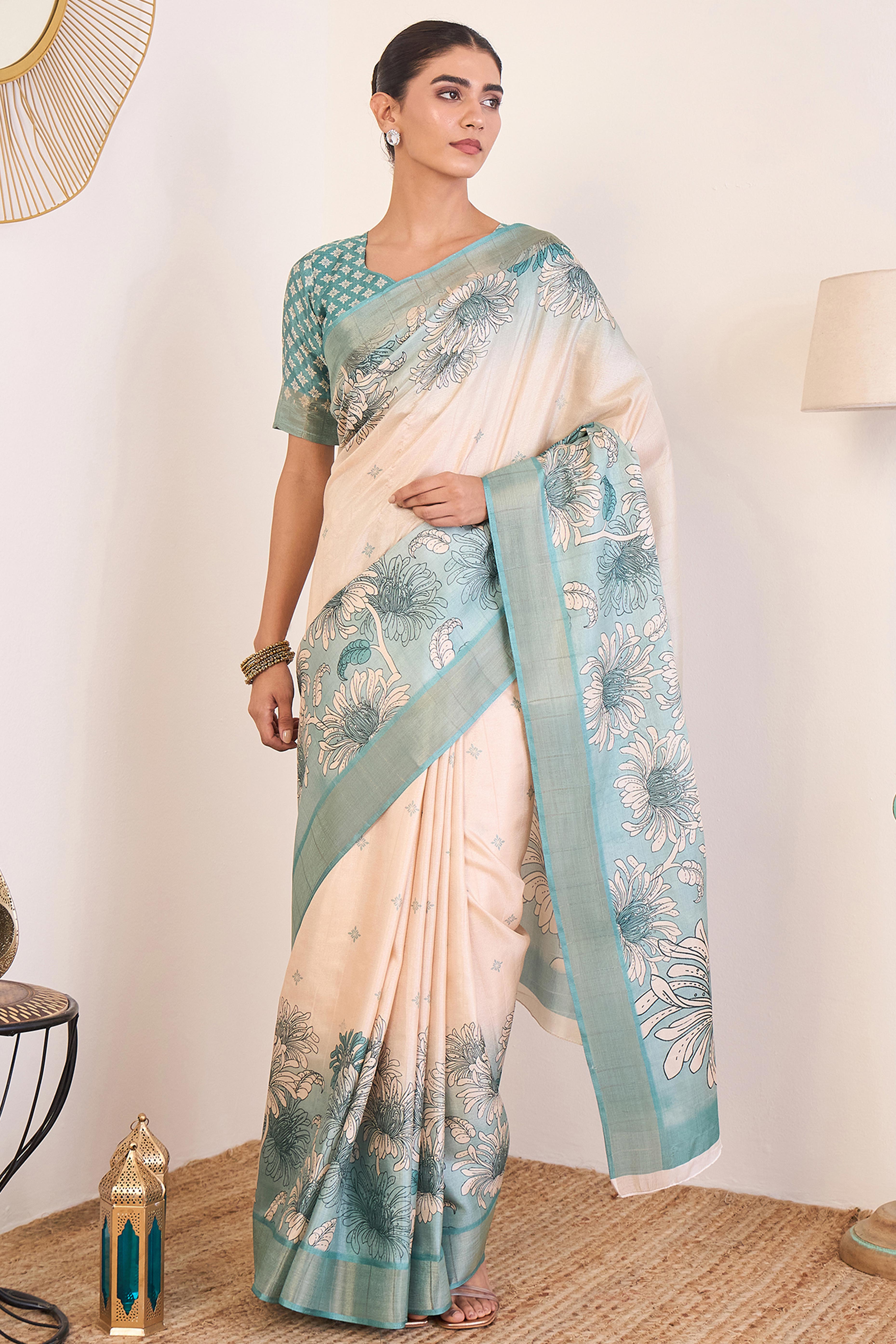 Elegant Light Blue Floral Printed Kotha Cotton Silk Saree Reflecting Subtle Sophistication