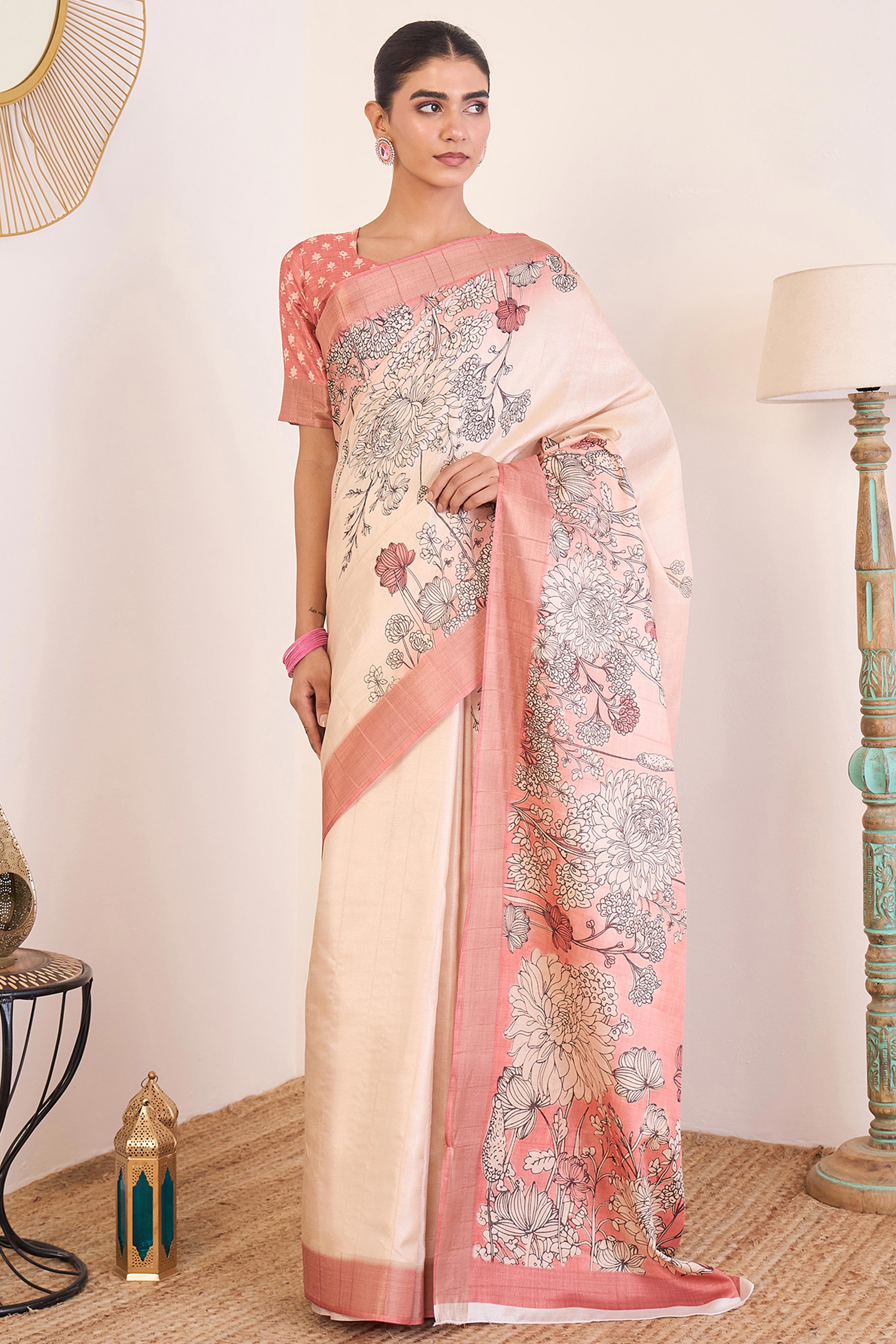 Elegant Peach Floral Printed Kotha Cotton Silk Saree Reflecting Subtle Sophistication