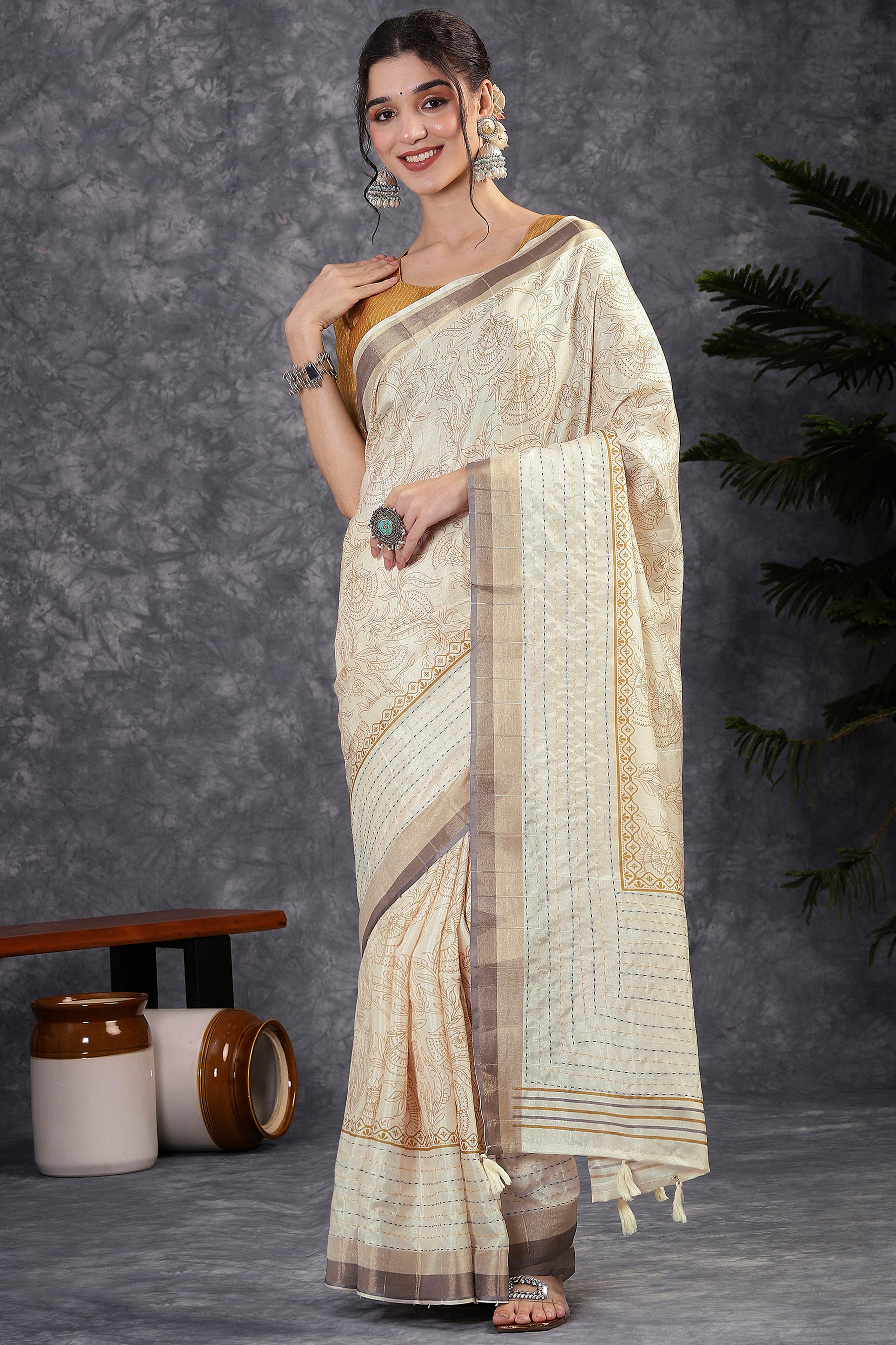 Offwhite & Mustard Floral Printed Kotha Cotton Silk Saree With Beautifully Crafted Katha Embroidery