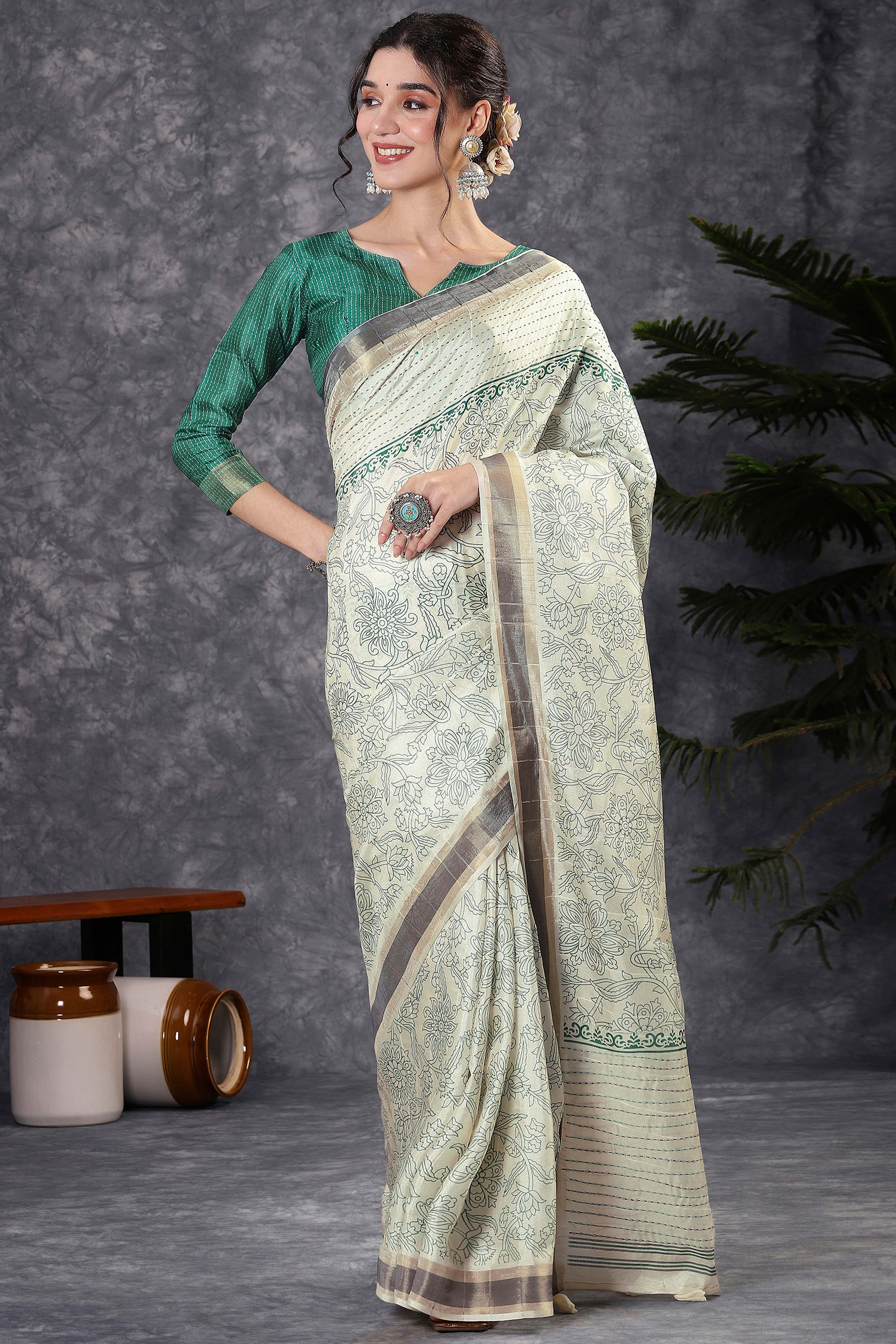 Offwhite & Rama Floral Printed Kotha Cotton Silk Saree With Beautifully Crafted Katha Embroidery