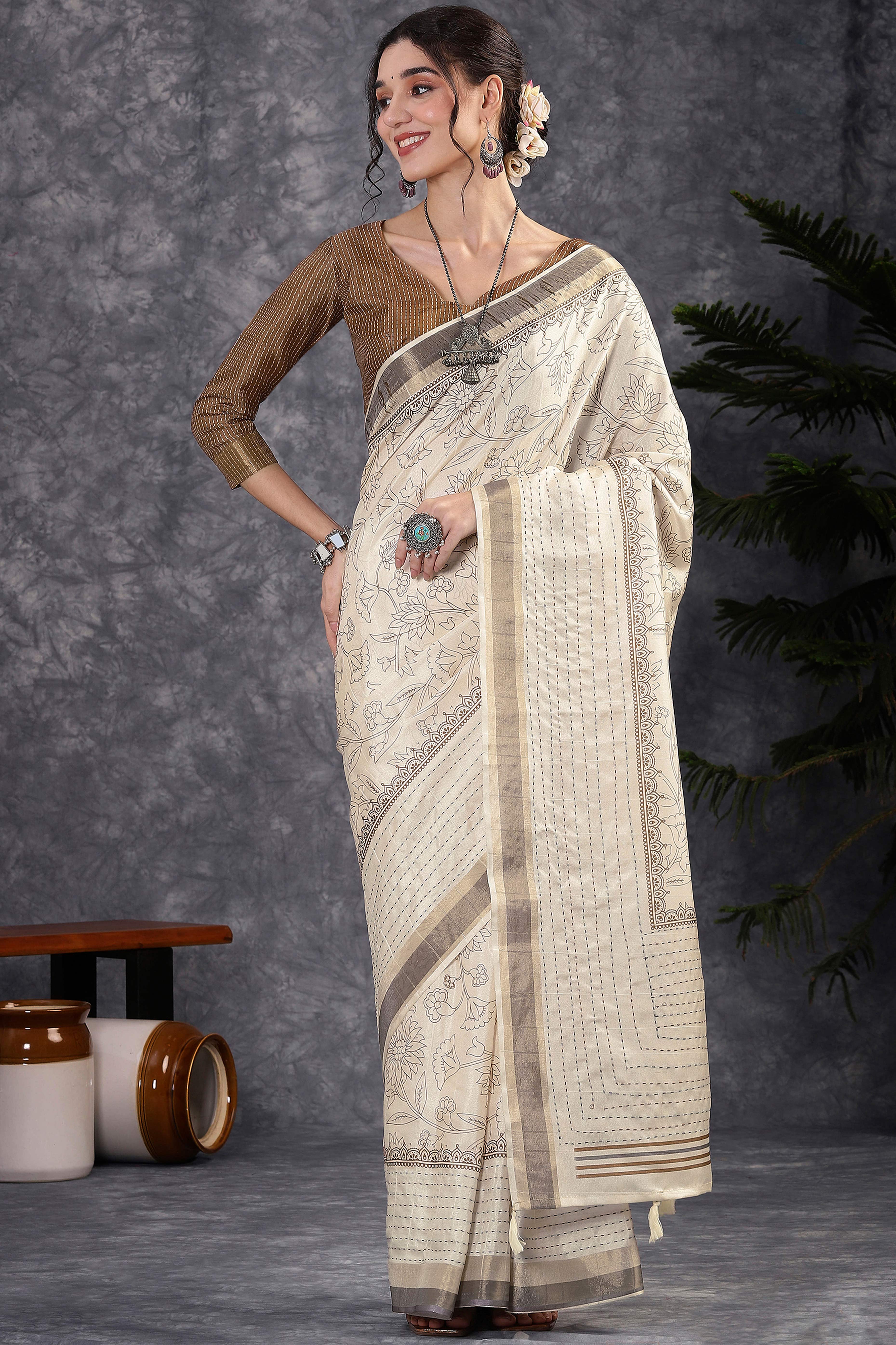 Offwhite & Brown Floral Printed Kotha Cotton Silk Saree With Beautifully Crafted Katha Embroidery