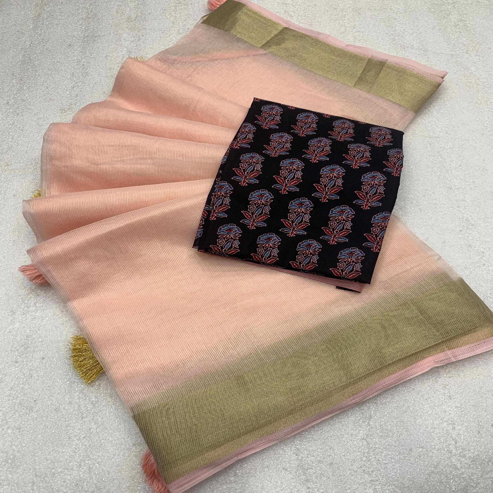 Peach Woven Solid Cotton Silk Saree With Tassels