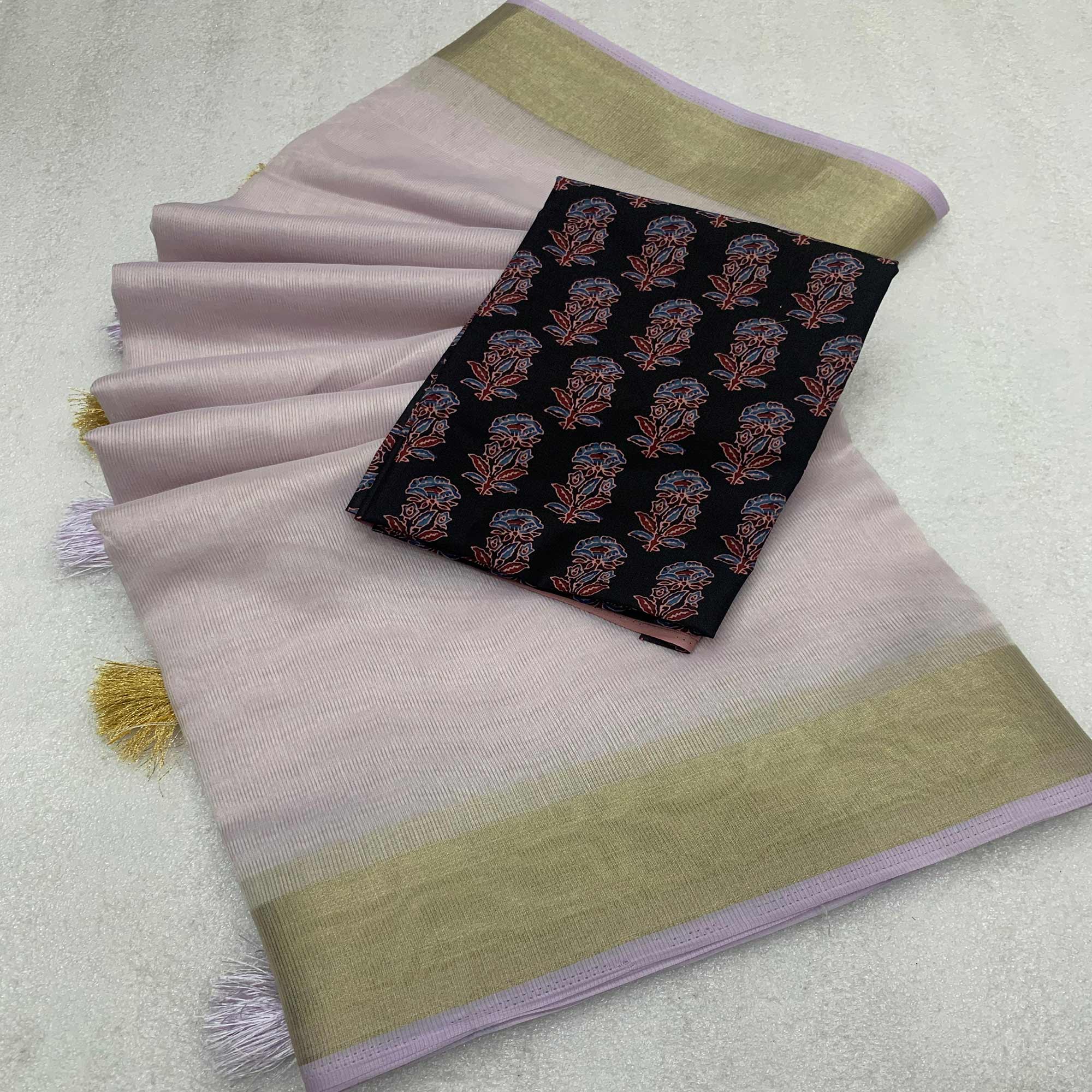 Pink Woven Solid Cotton Silk Saree With Tassels