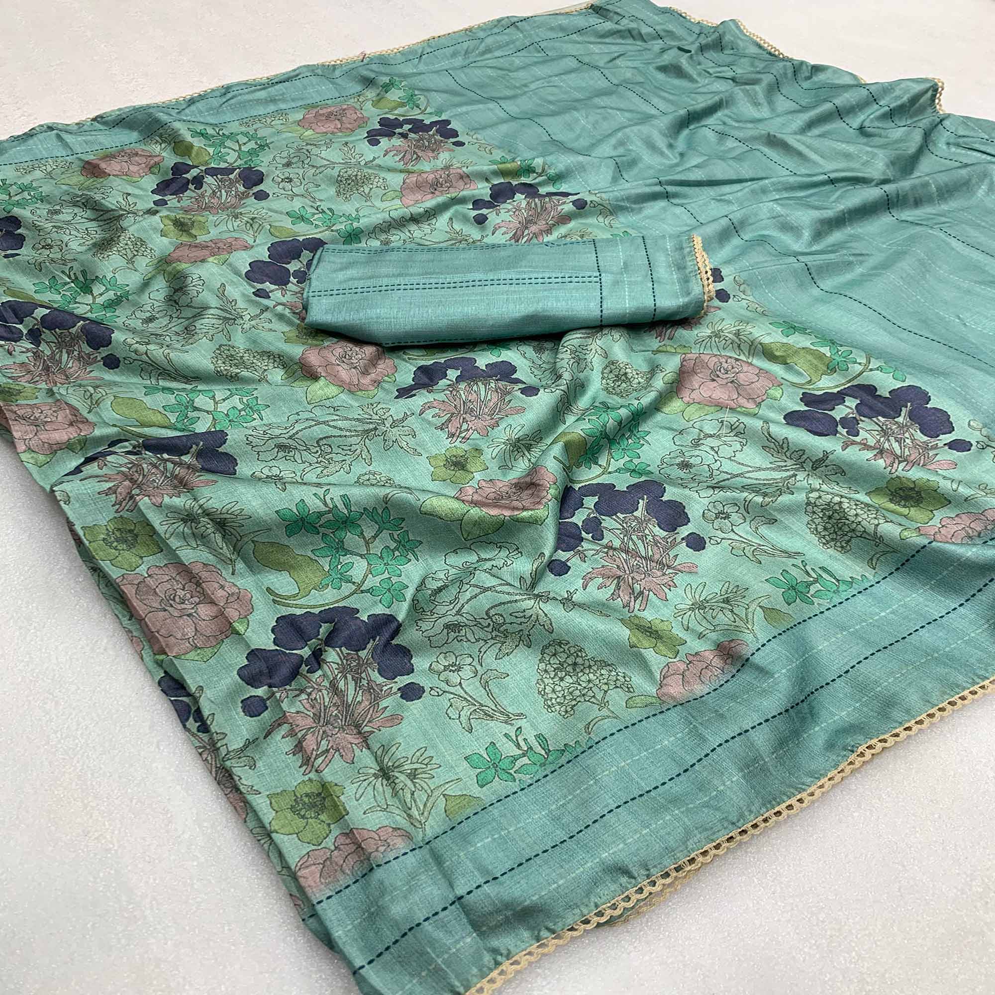 Blue Floral Digital Printed Tussar Silk Saree