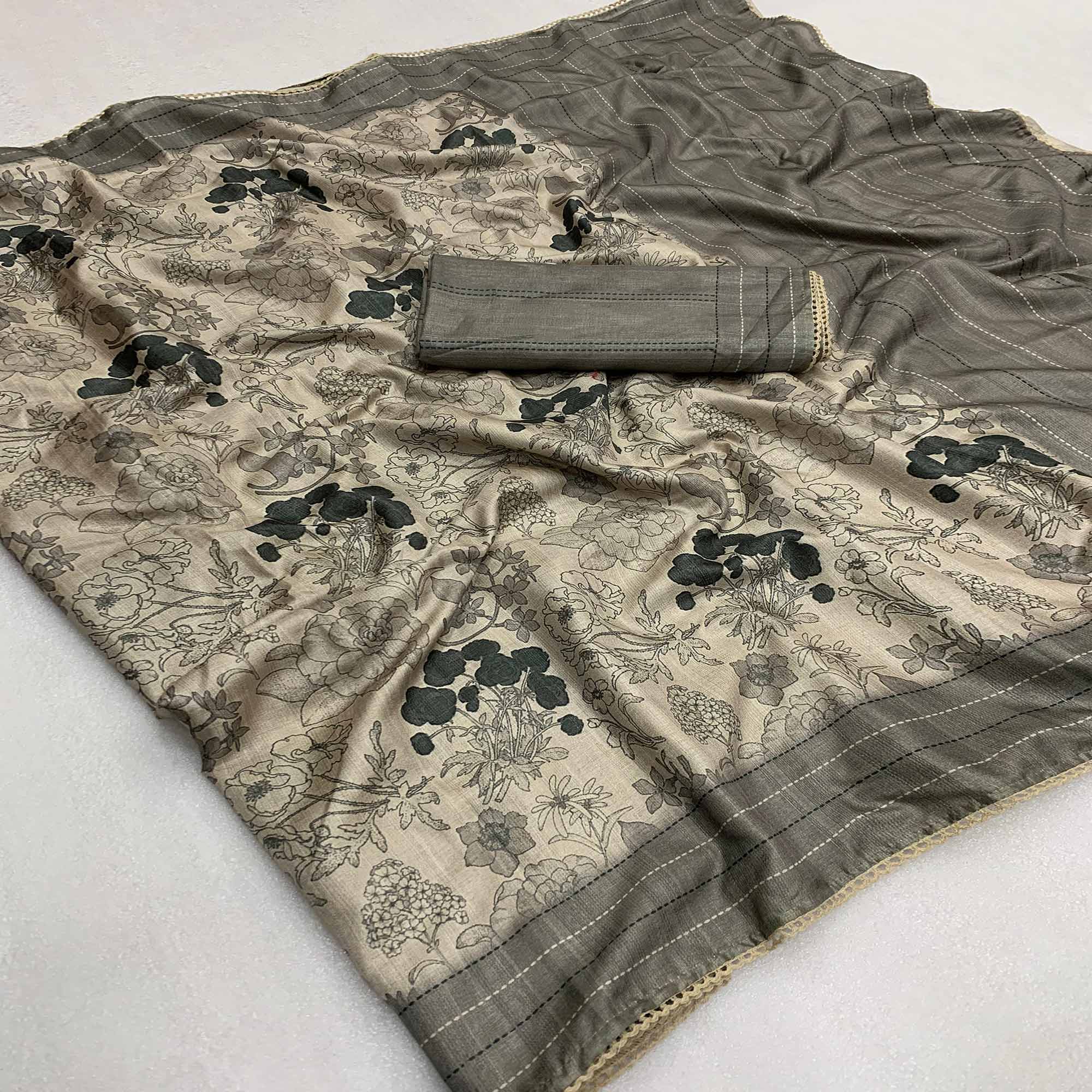 Grey Floral Digital Printed Tussar Silk Saree