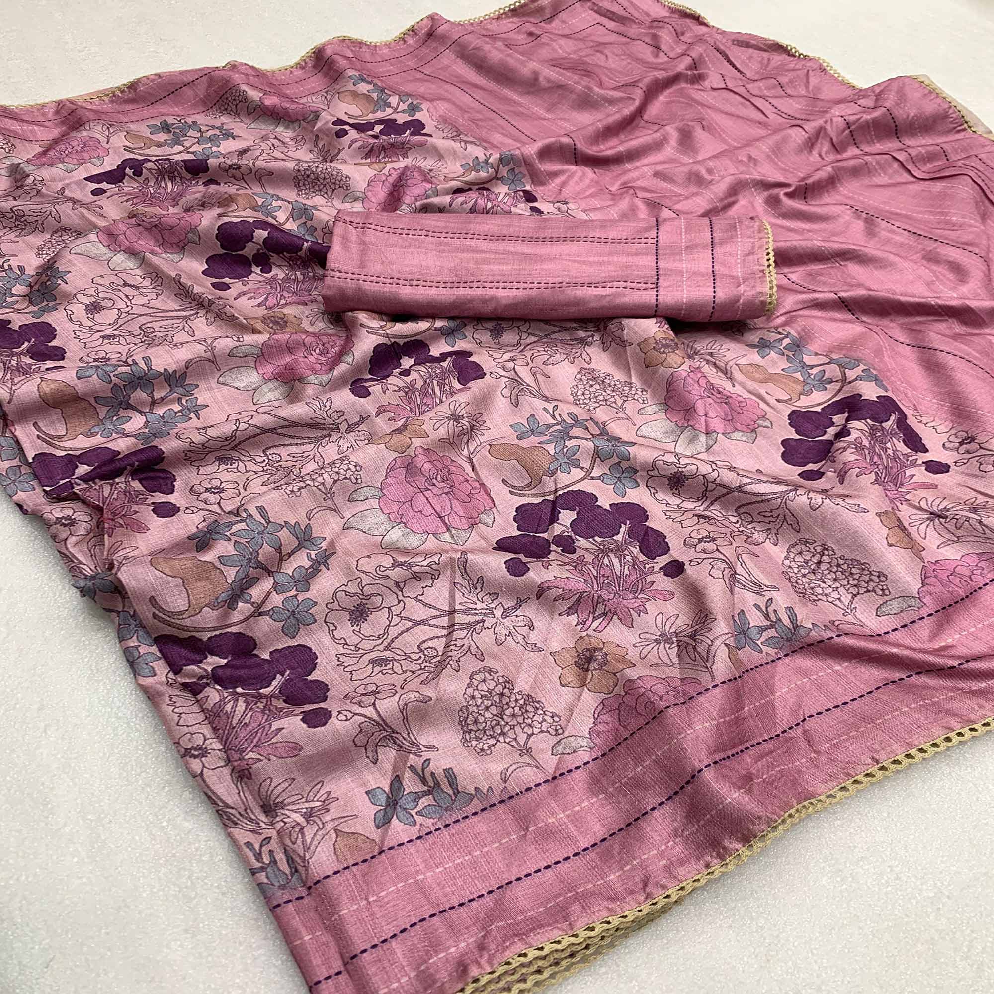 Pink Floral Digital Printed Tussar Silk Saree