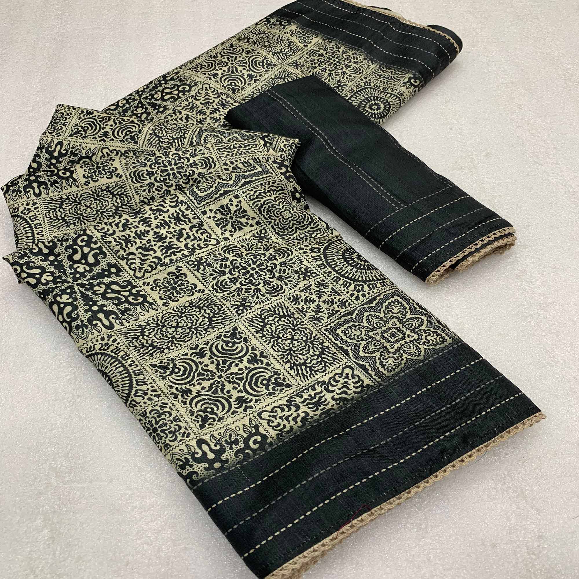 Black Ajrakh Printed Tussar Silk Saree
