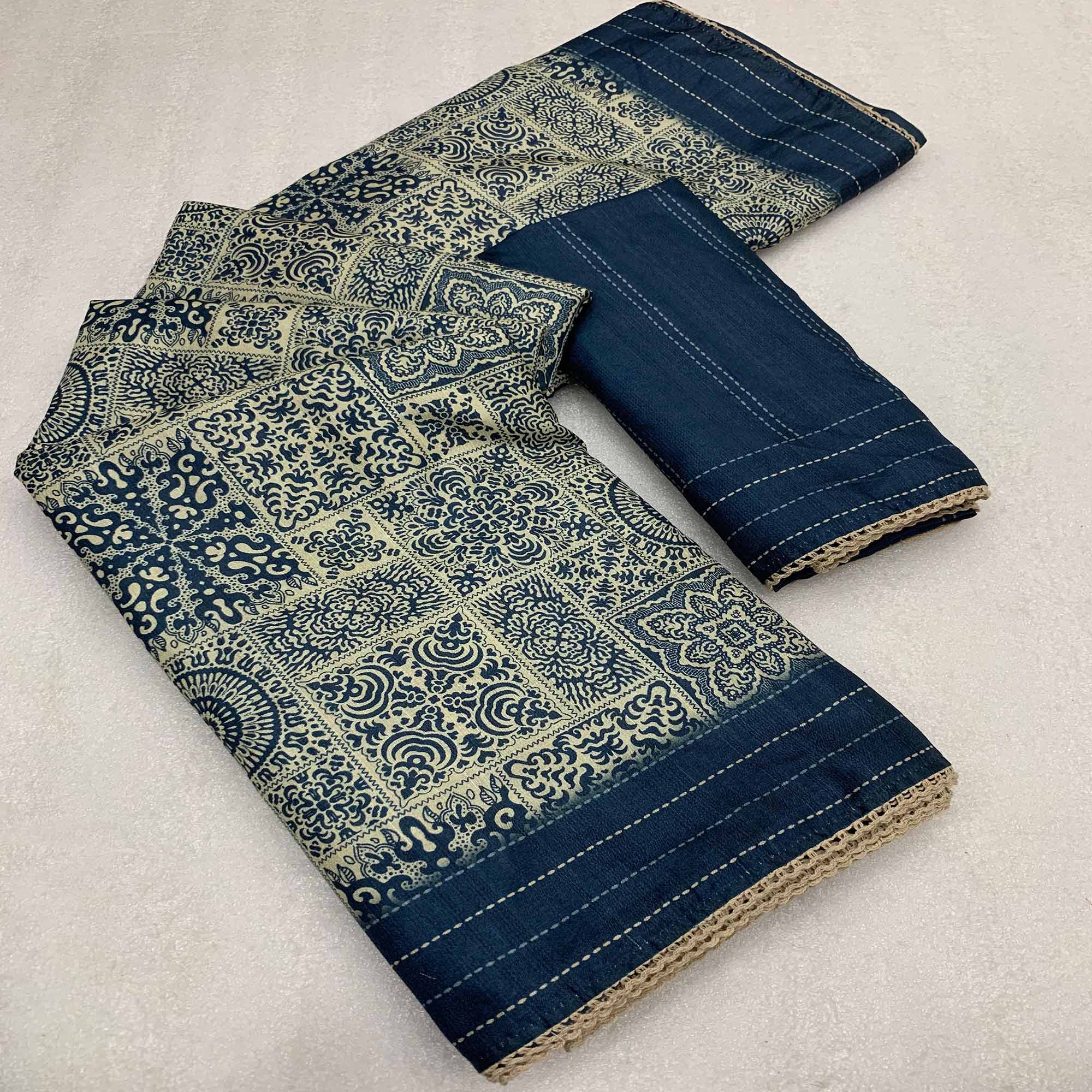 Blue Ajrakh Printed Tussar Silk Saree