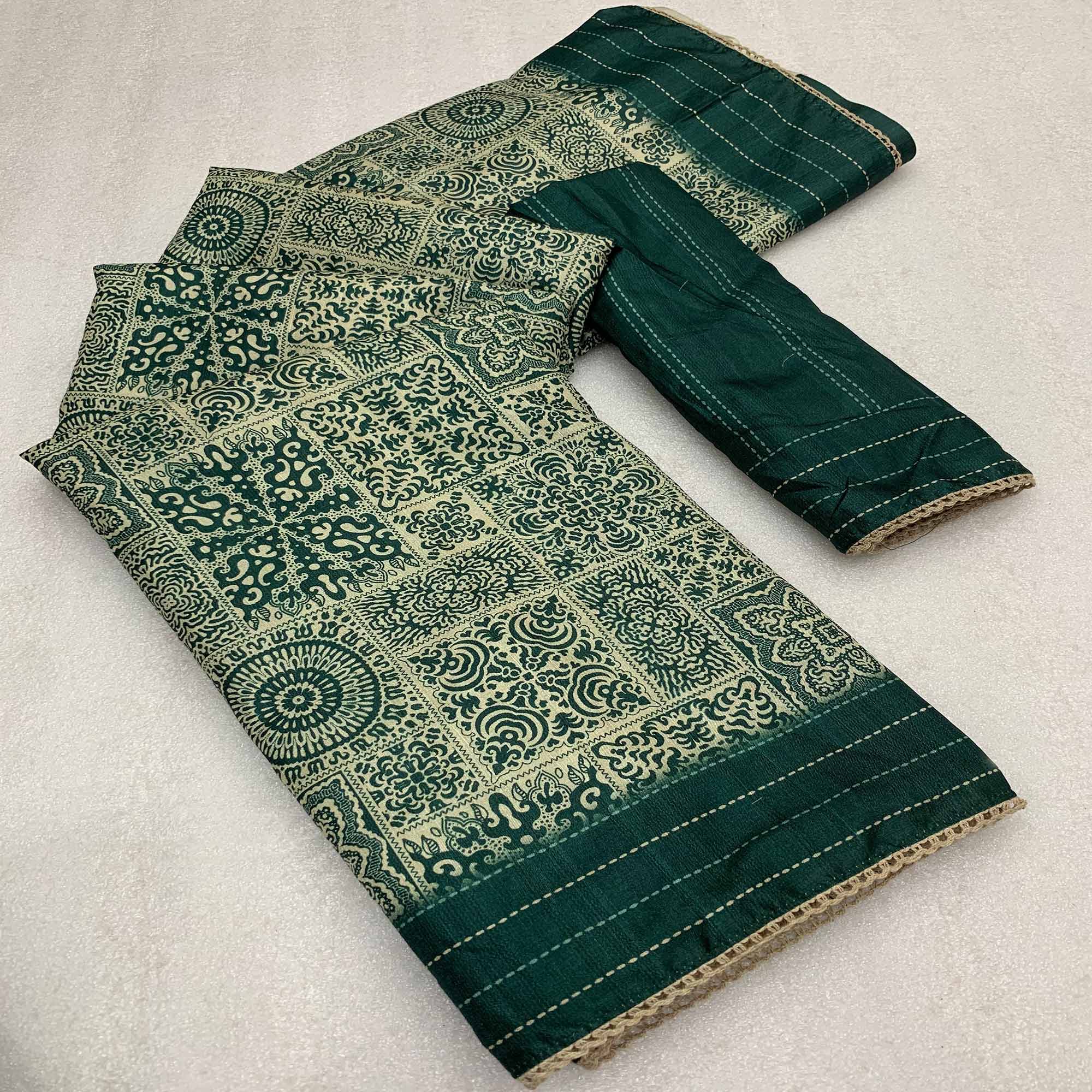 Green Ajrakh Printed Tussar Silk Saree