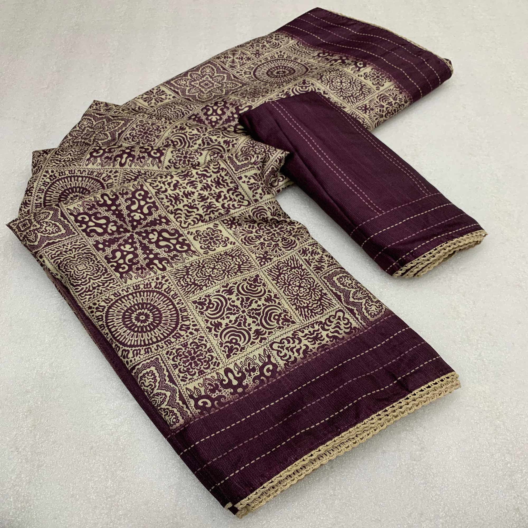 Wine Ajrakh Printed Tussar Silk Saree
