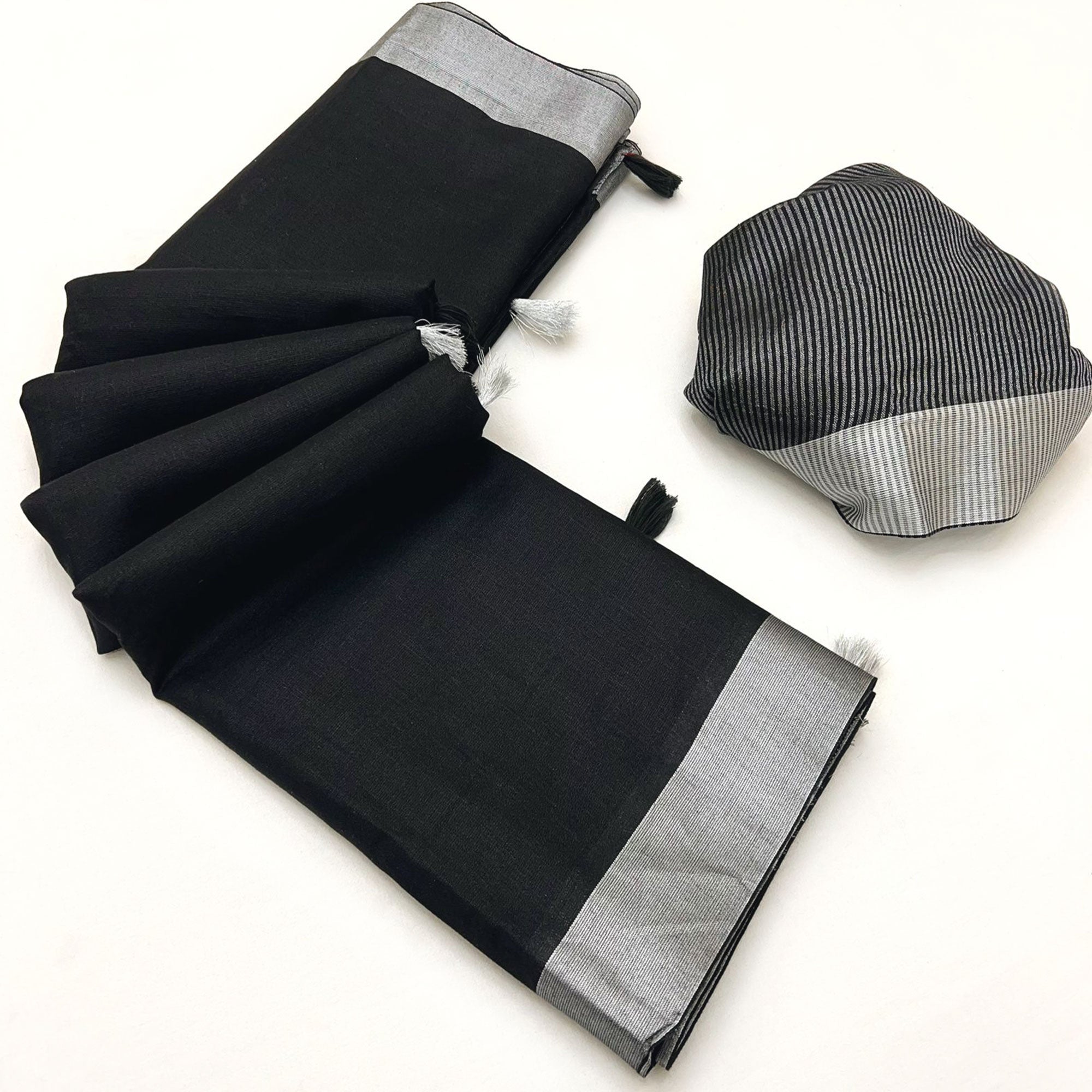 Black Solid Pure Linen Saree With Zari Woven Border