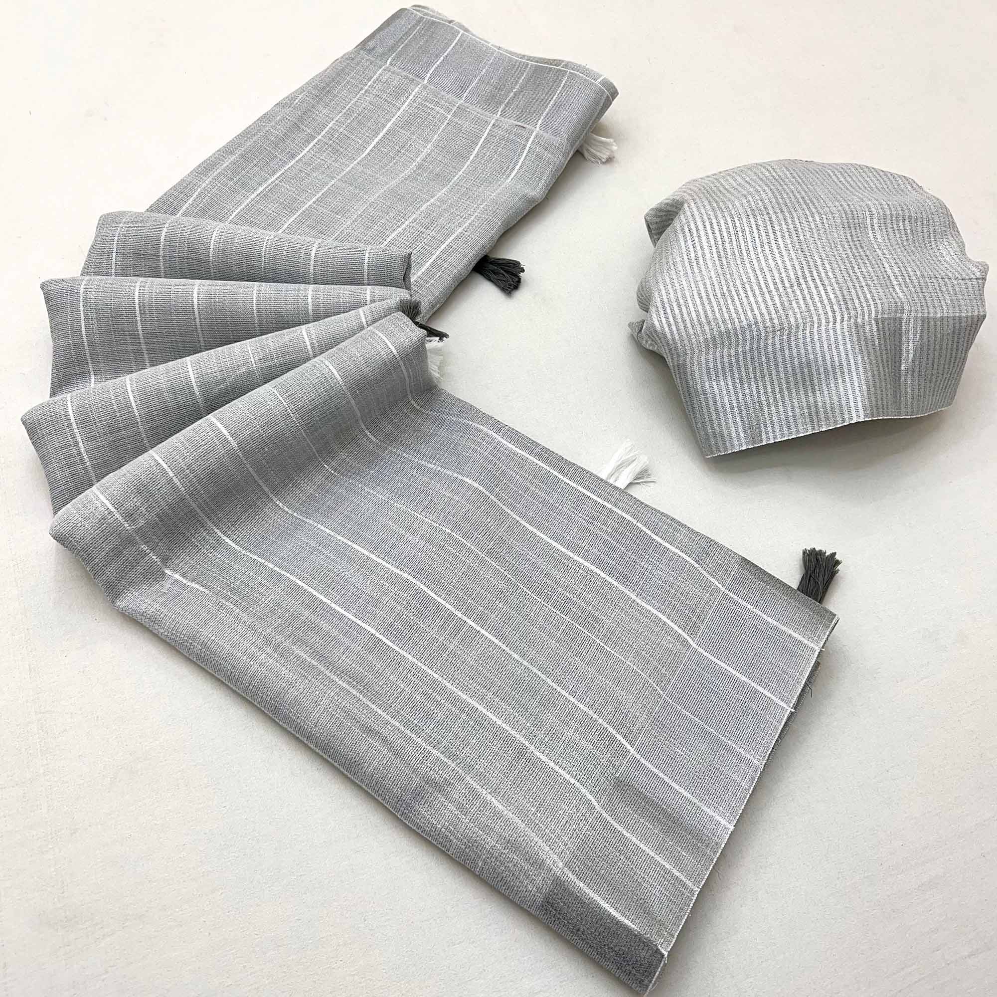 Grey Zari Woven Linen Saree With Tassels