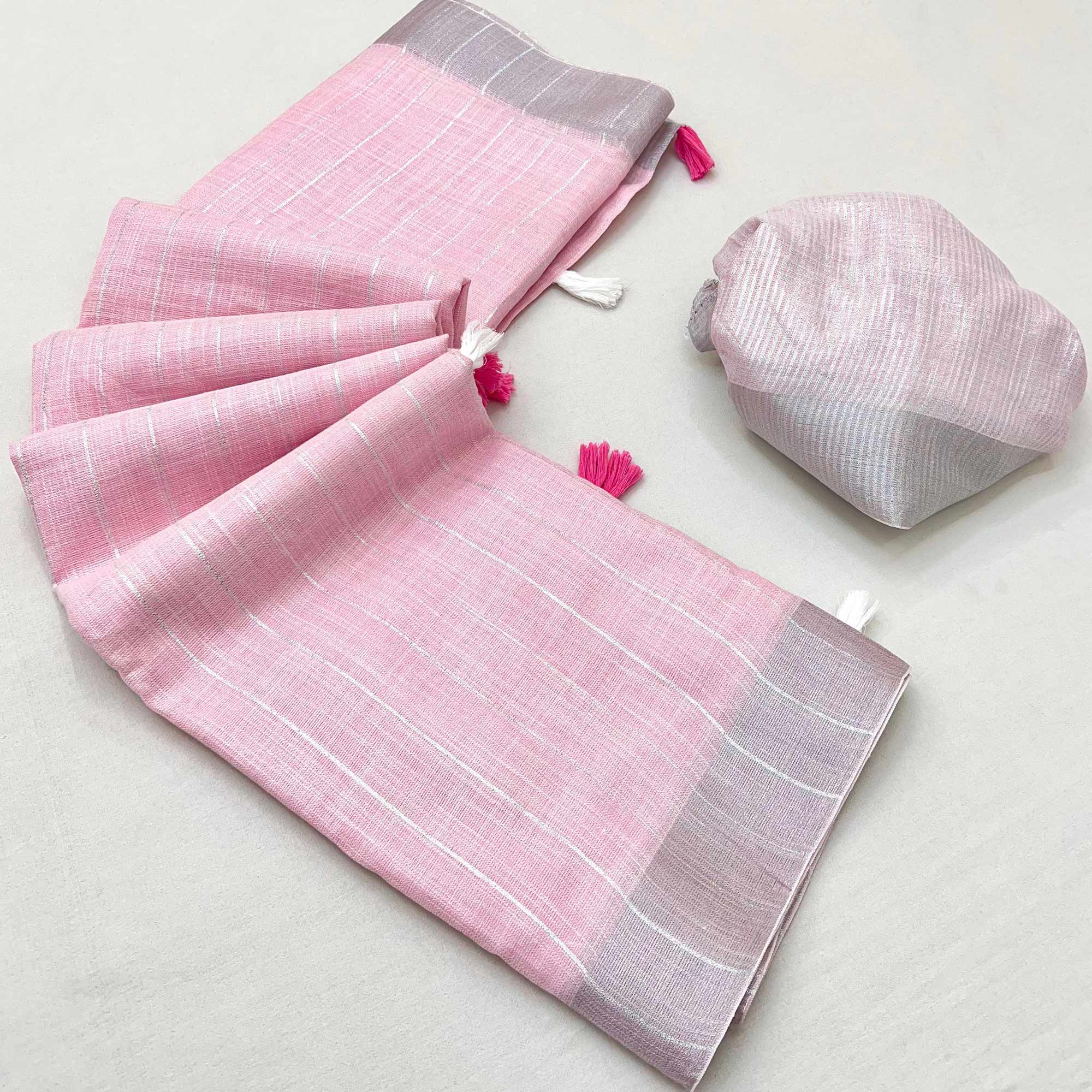 Pink Zari Woven Linen Saree With Tassels