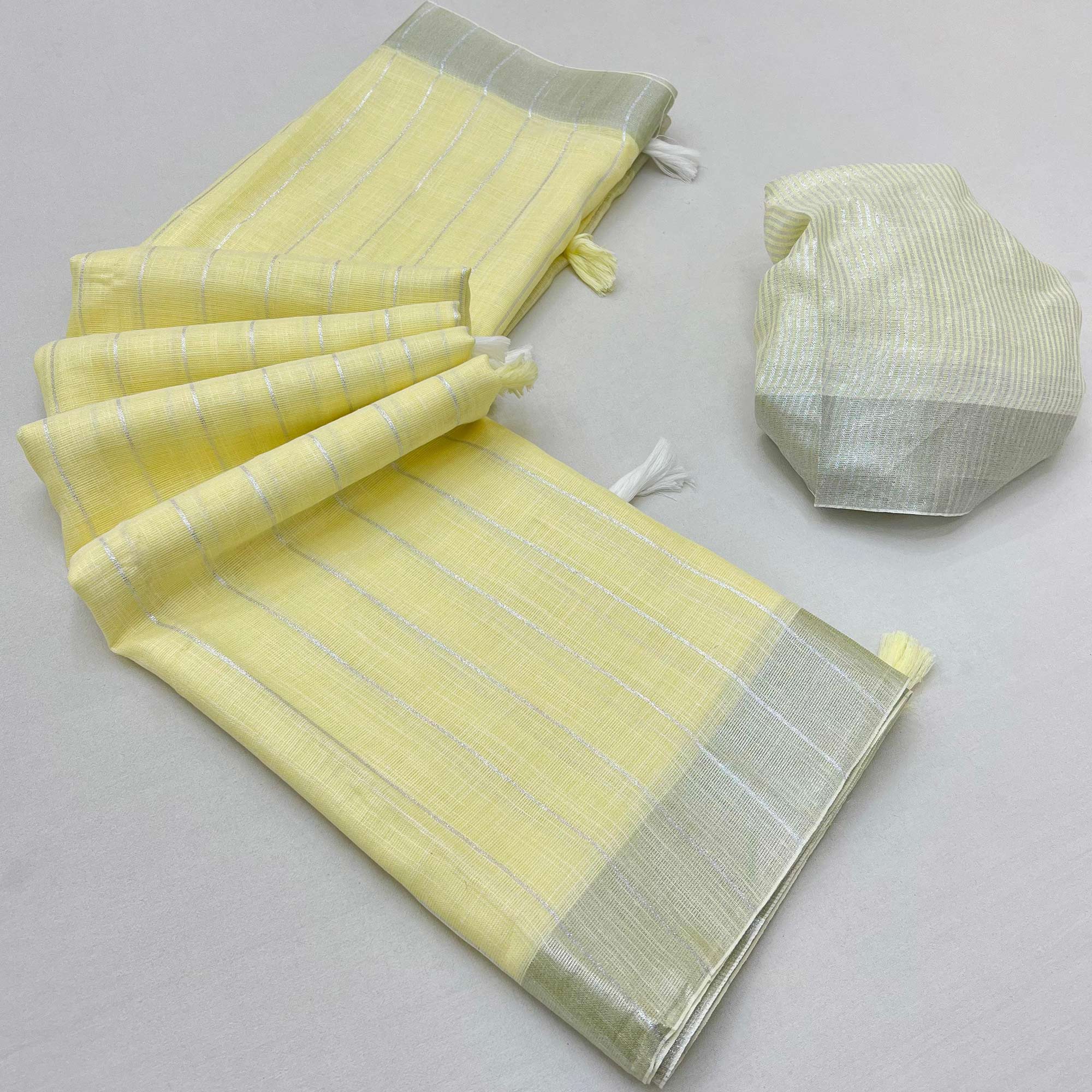 Yellow Zari Woven Linen Saree With Tassels
