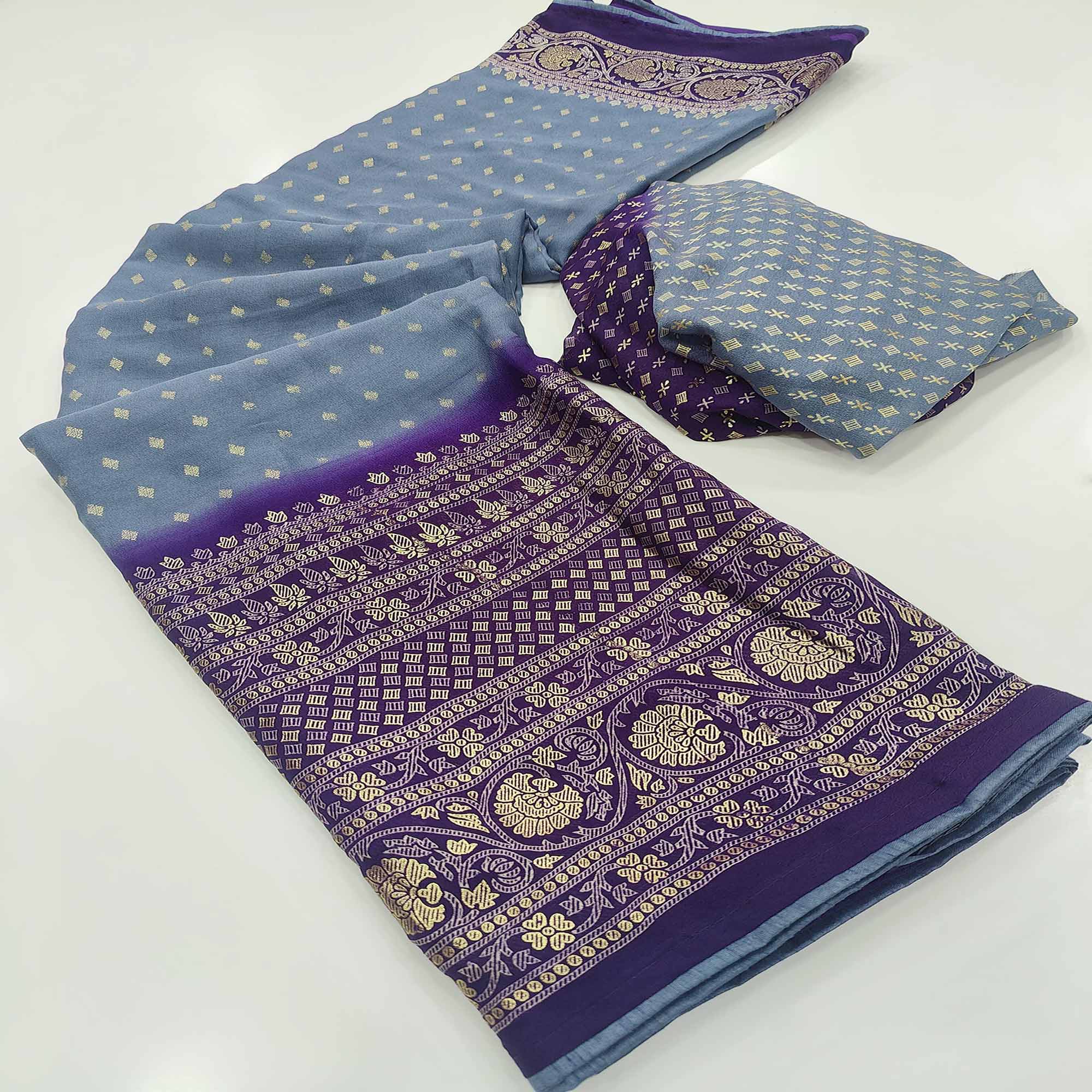 Grey Foil Printed Georgette Saree