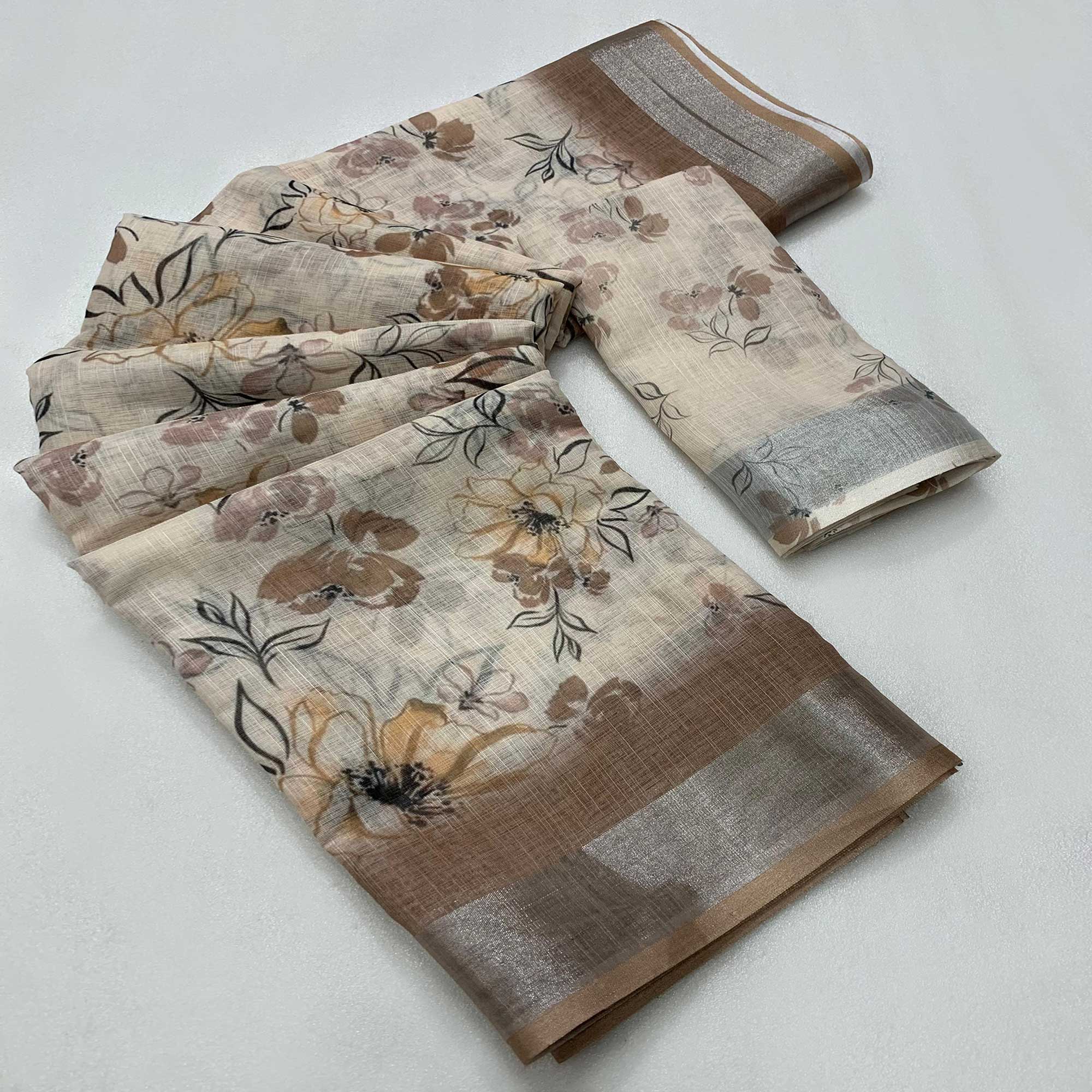 Cream & Brown Printed Soft Linen Saree