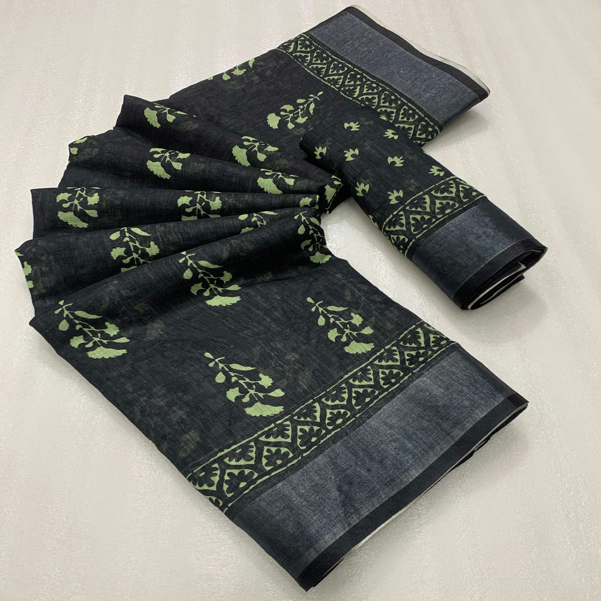 Black Floral Digital Printed Linen Saree