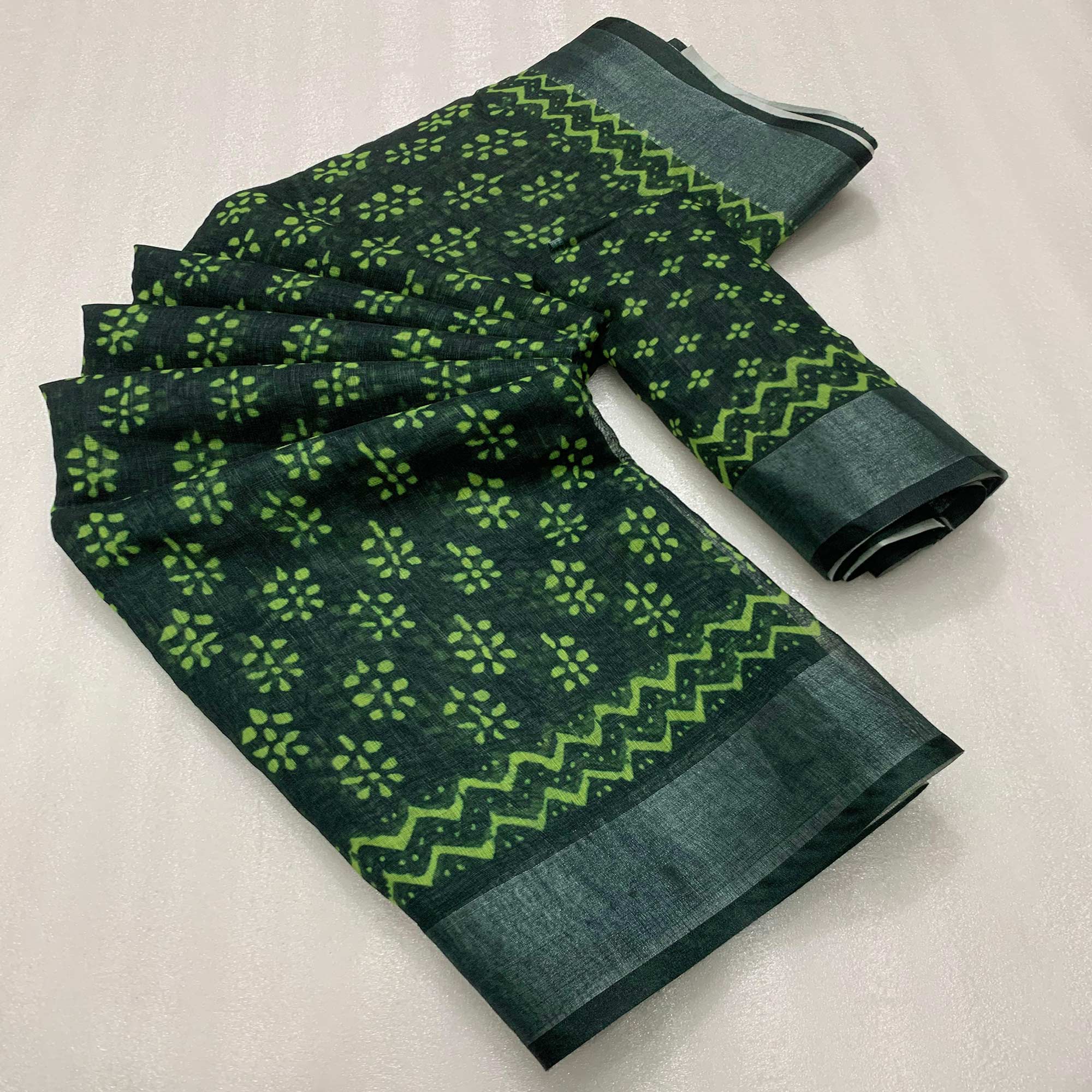 Green Floral Digital Printed Linen Saree