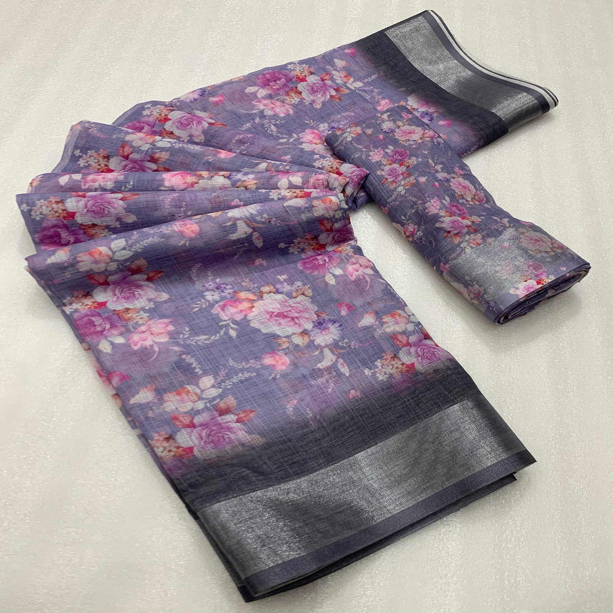 Purple Floral Digital Printed Linen Saree